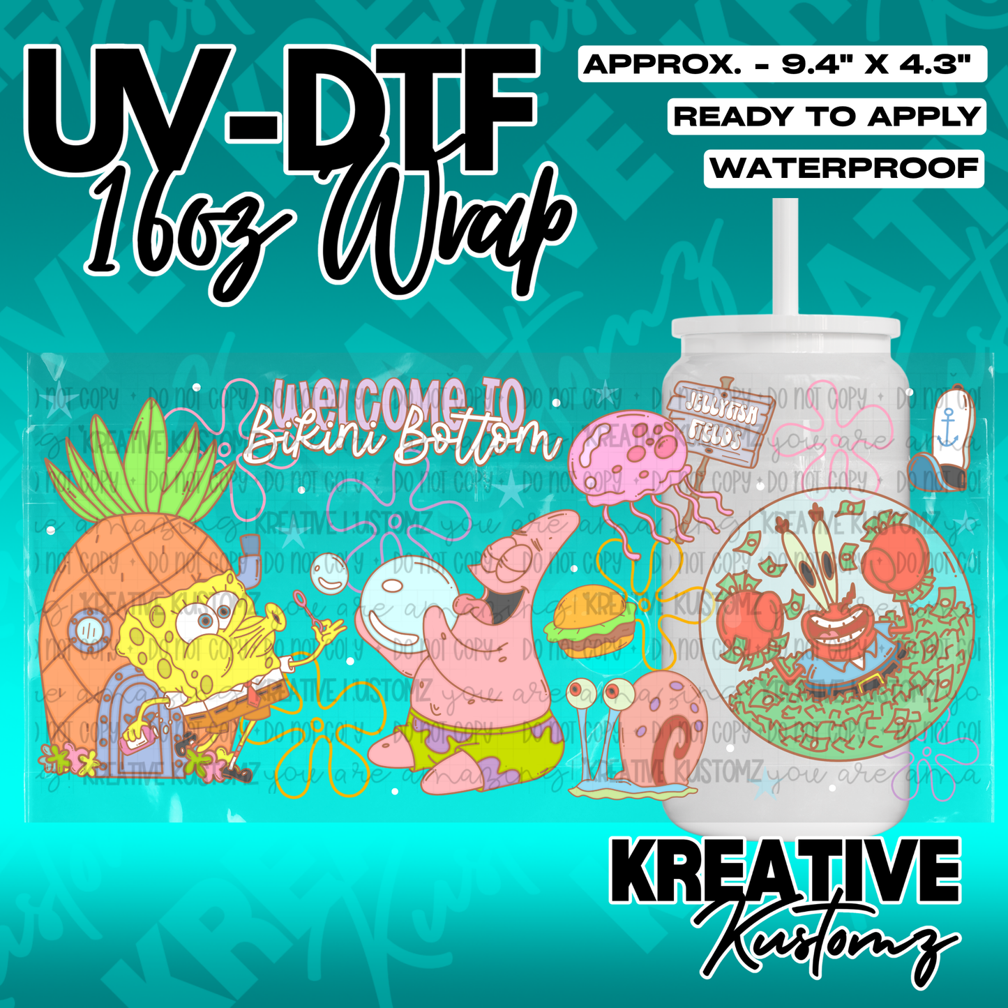 A SpongeBob SquarePants themed UV DTF adhesive wrap for a 16oz glass can.