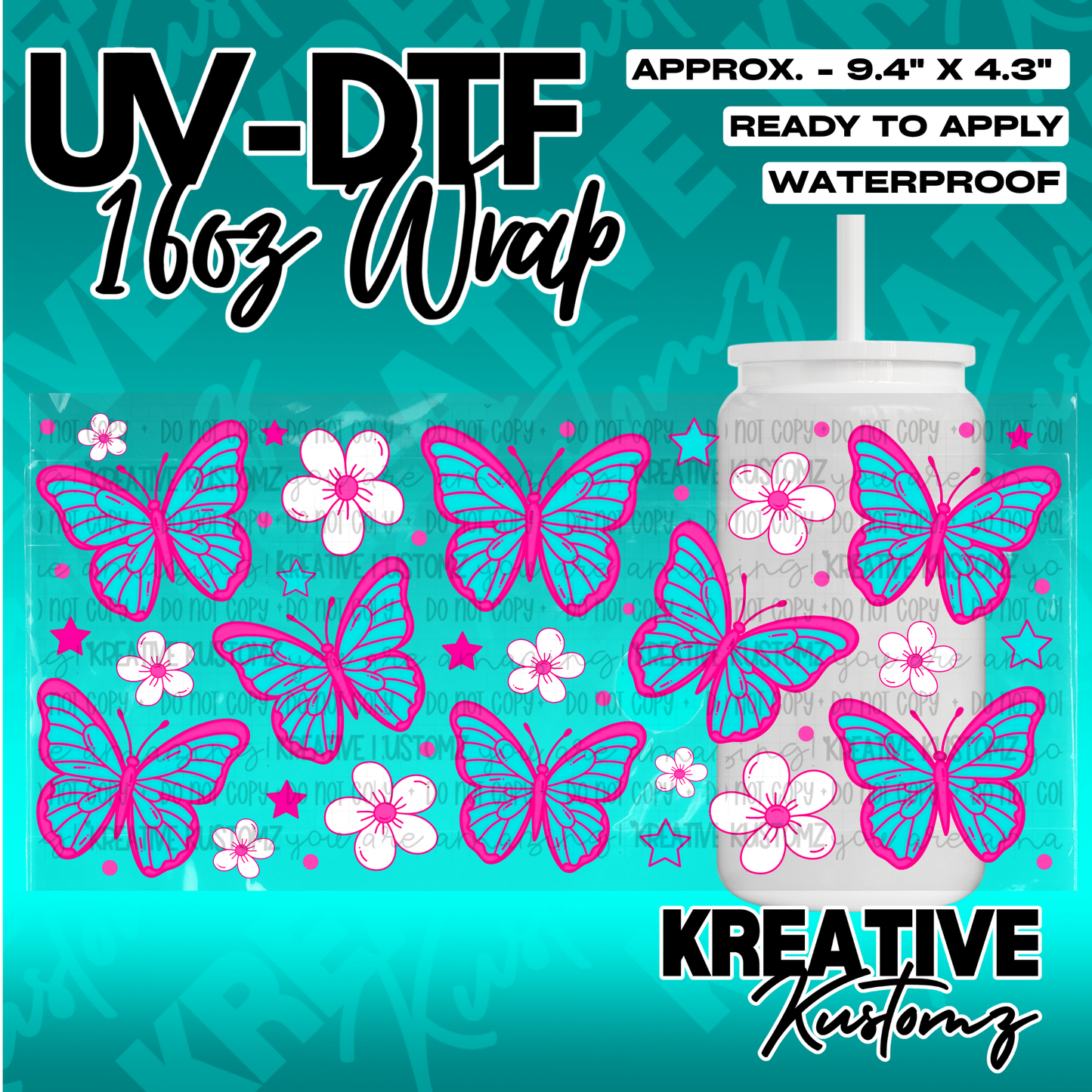 A UV DTF adhesive wrap for 16oz glass cans featuring a pattern of pink and blue butterflies.