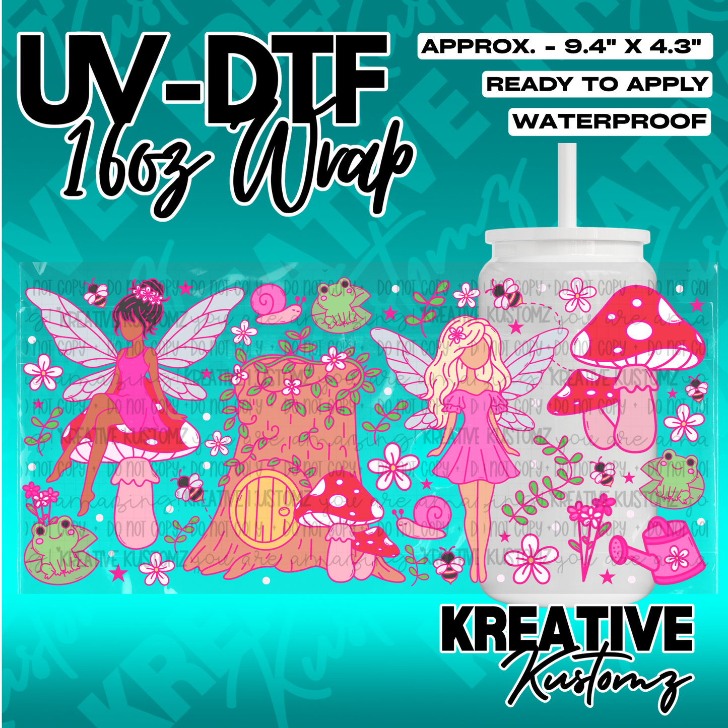 A fairy-themed UV DTF adhesive wrap for 16oz glass cans featuring pink mushrooms and flowers.