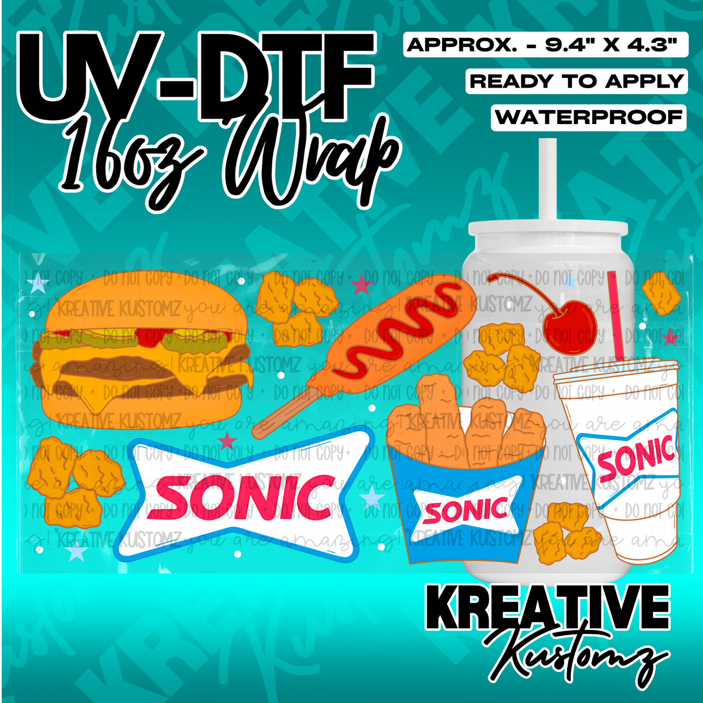 A Sonic themed UV DTF adhesive wrap for a 16oz glass cup featuring fast food illustrations.