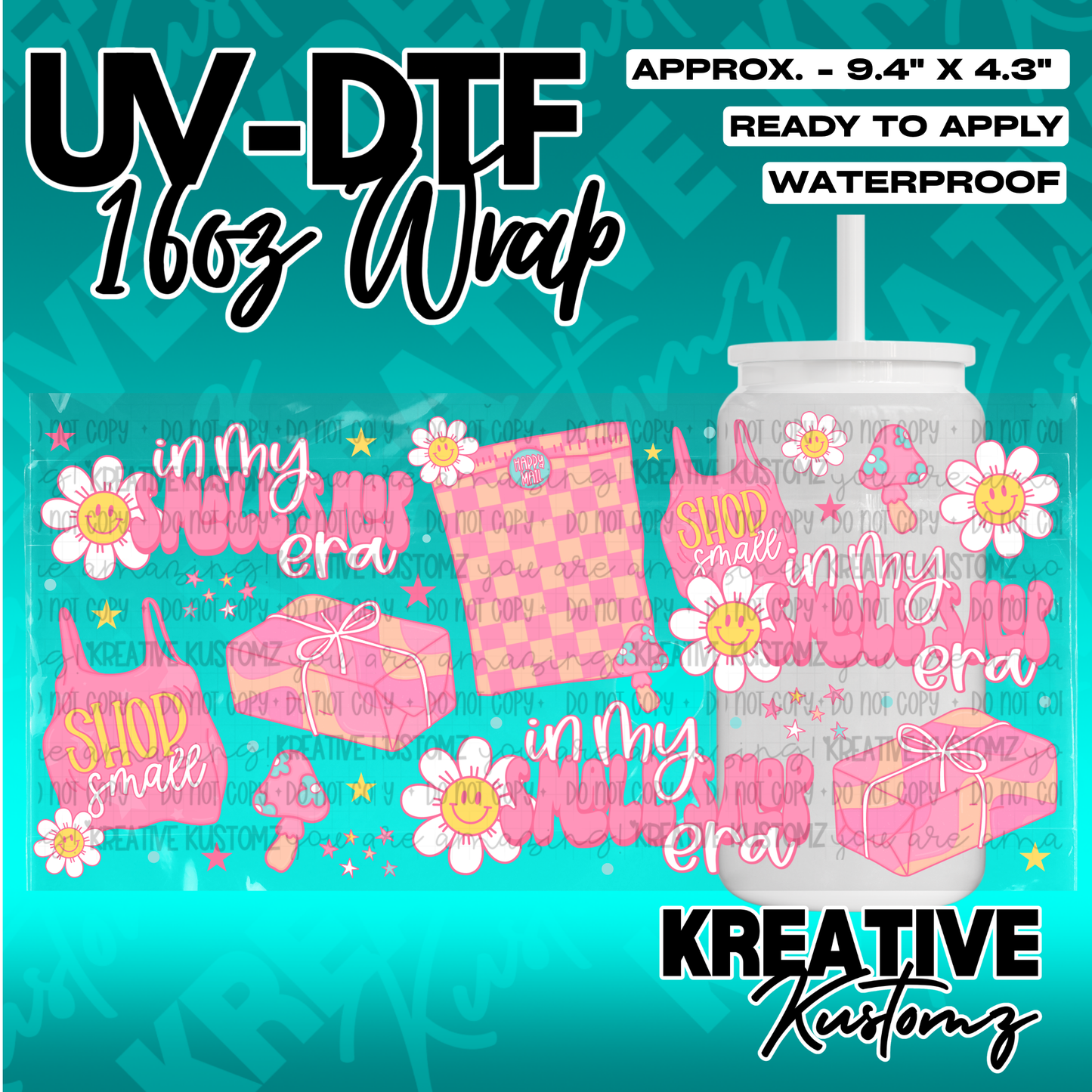 A pink and white patterned UV DTF cup wrap featuring flowers, gifts, and shop small text.
