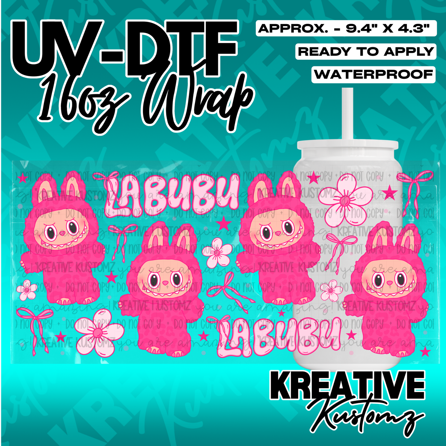 A pink Labubu character themed UV DTF adhesive wrap for a 16oz glass cup.