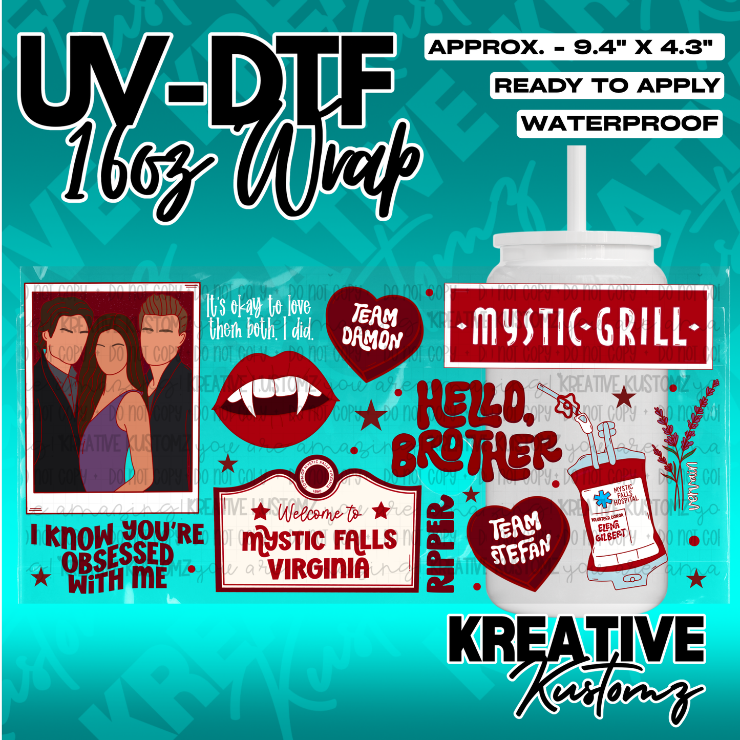 A Vampire Diaries themed UV DTF adhesive wrap for a 16oz glass cup.