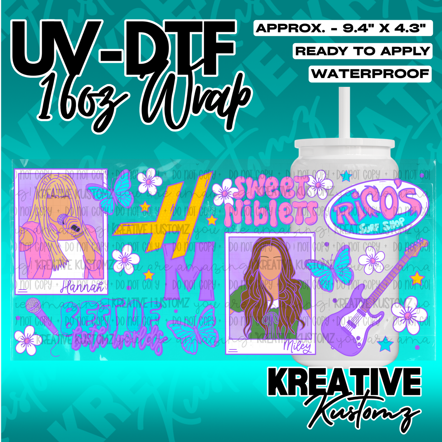 A vibrant UV DTF adhesive wrap featuring Hannah Montana and Miley Cyrus designs for 16oz glass cups.