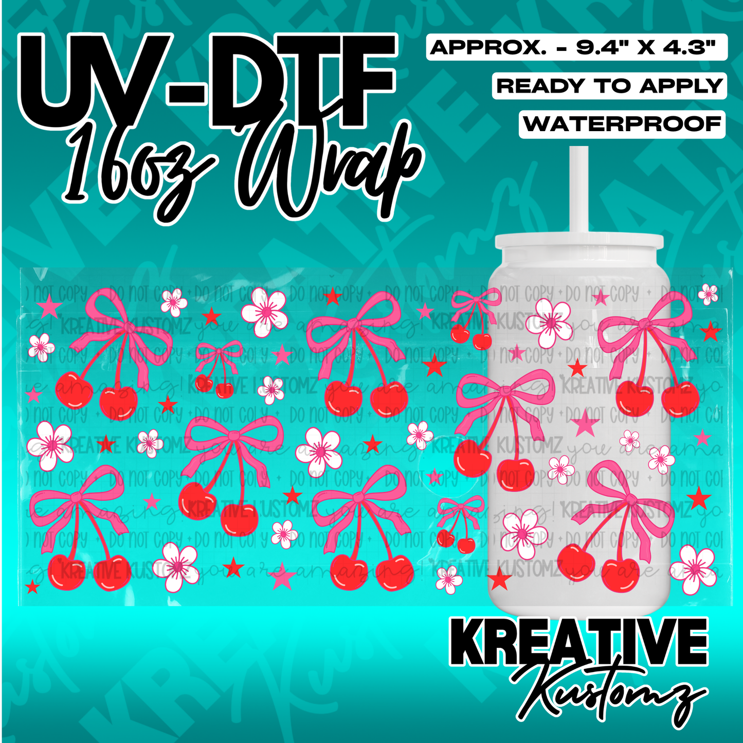 A UV DTF adhesive wrap for 16oz glass cans featuring a pattern of red cherries, pink bows, and flowers.