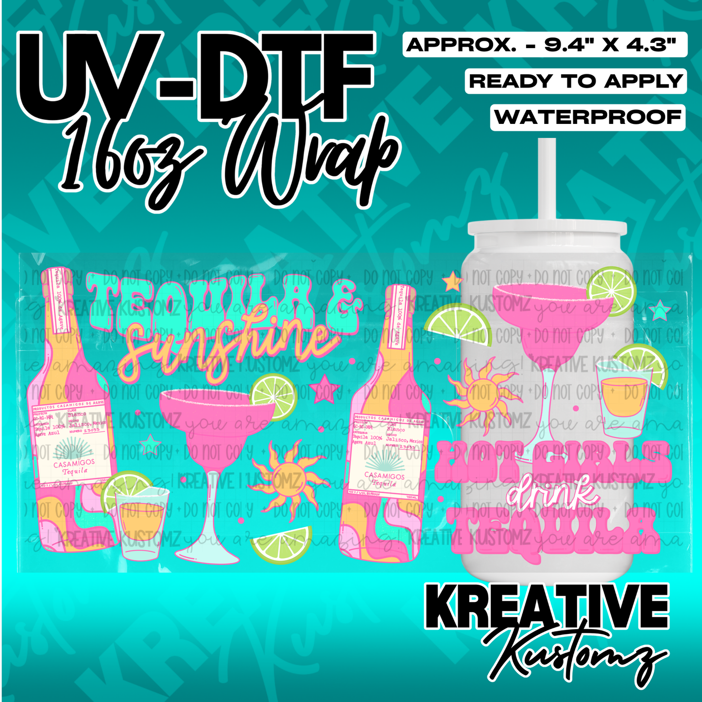 A colorful UV DTF adhesive wrap for 16oz glass cans featuring tequila bottles and lime graphics.