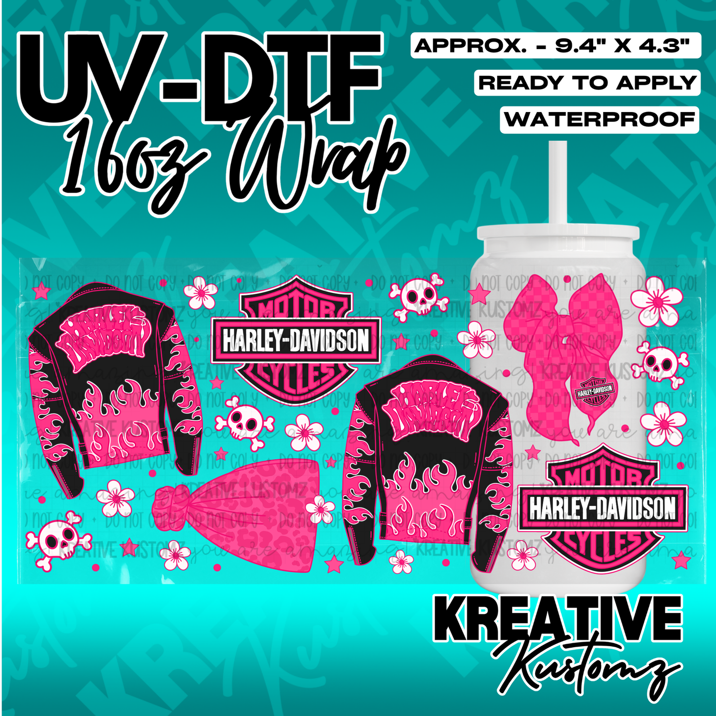 A pink and black Harley-Davidson themed UV DTF wrap for a 16oz glass cup.