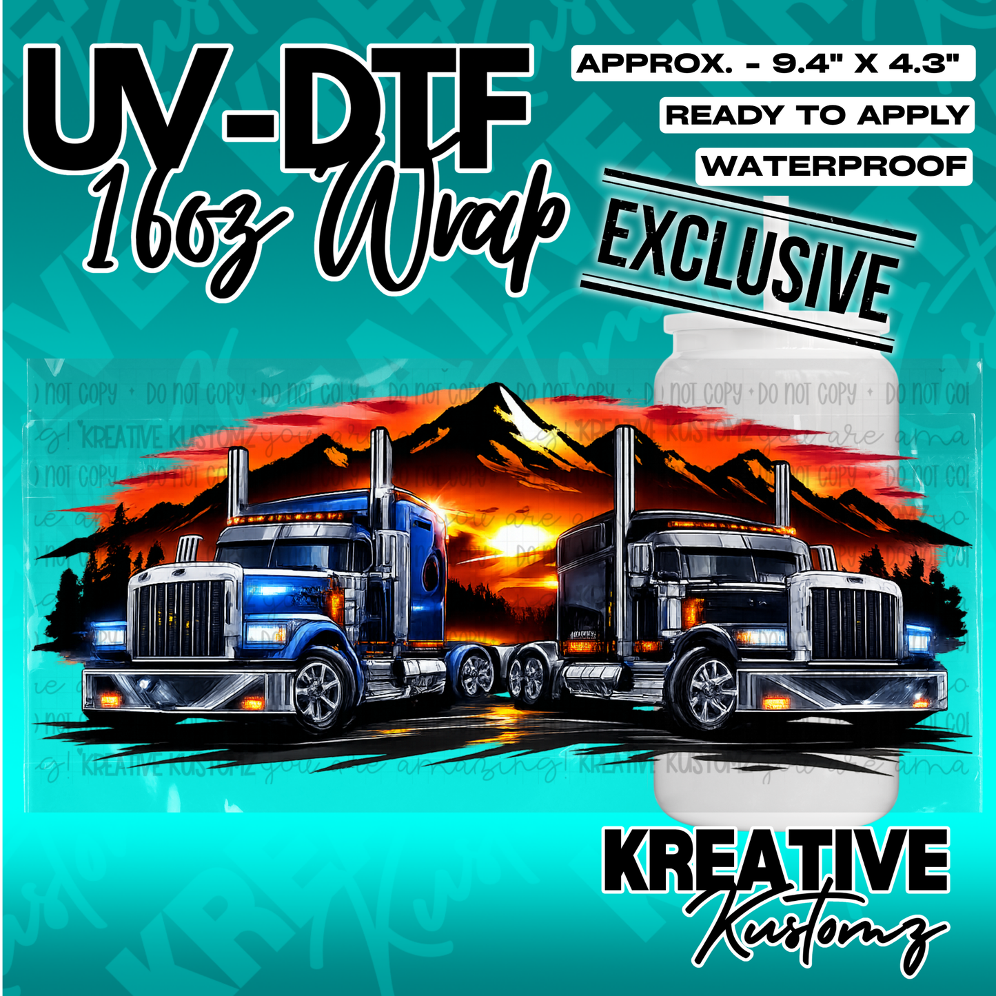 A UV DTF adhesive cup wrap featuring two semi-trucks against a sunset mountain landscape.