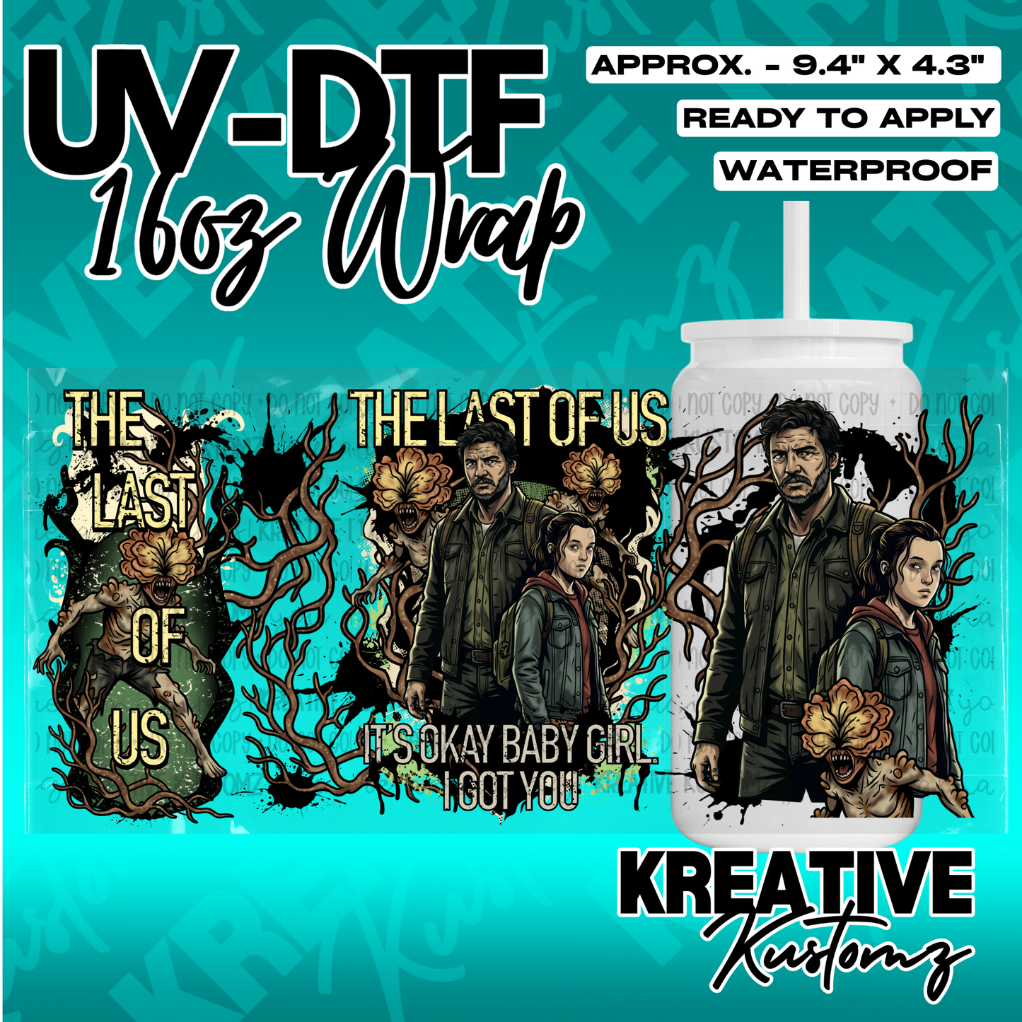A UV DTF wrap for a 16oz glass cup featuring The Last of Us characters and infected imagery.