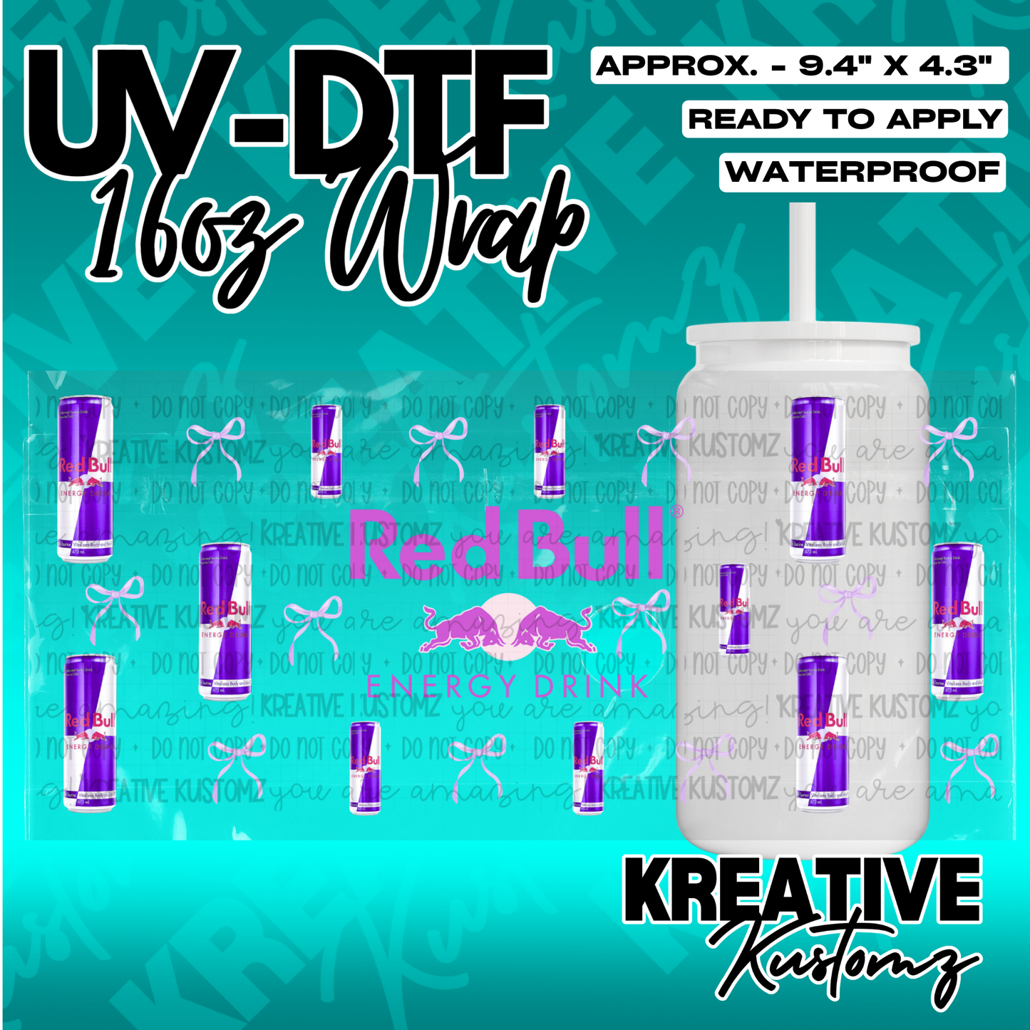 A Red Bull themed UV DTF adhesive wrap for a 16oz glass cup.