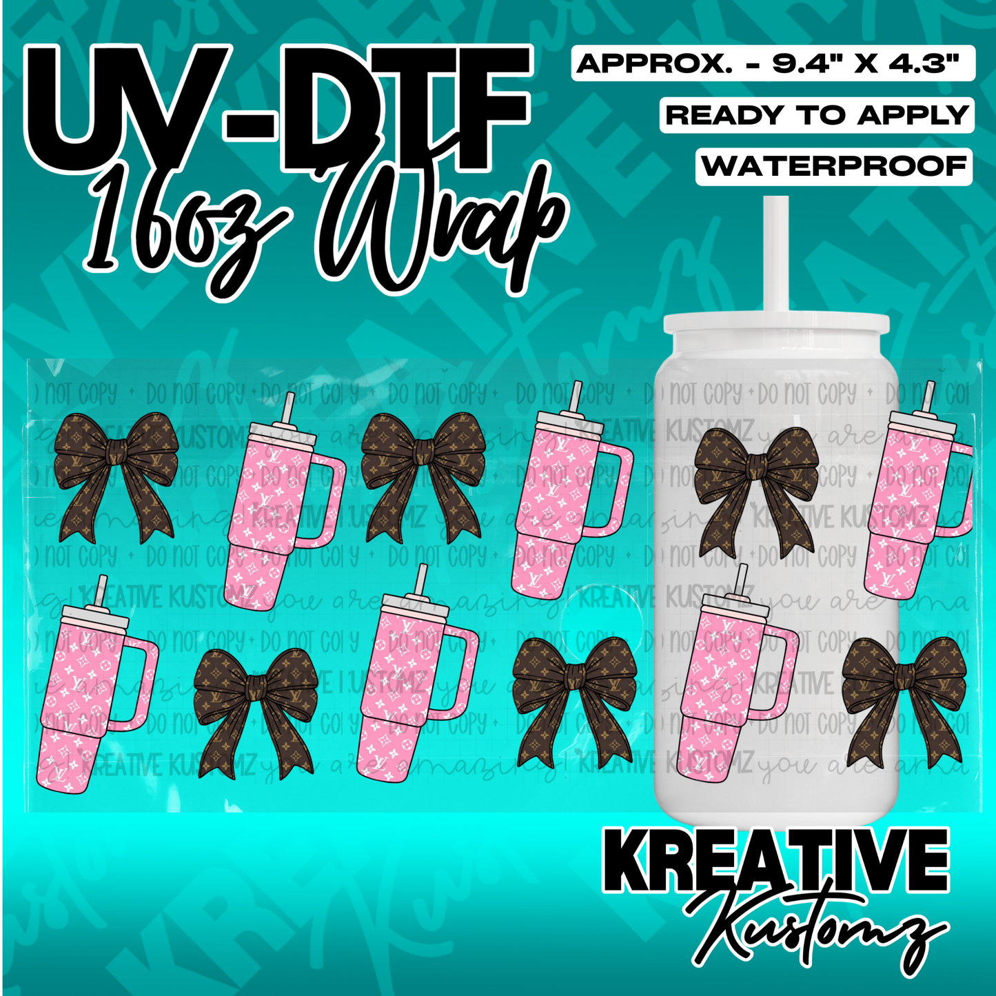 A UV DTF adhesive wrap for 16oz glass cans featuring a pattern of pink monogram tumblers and bows.