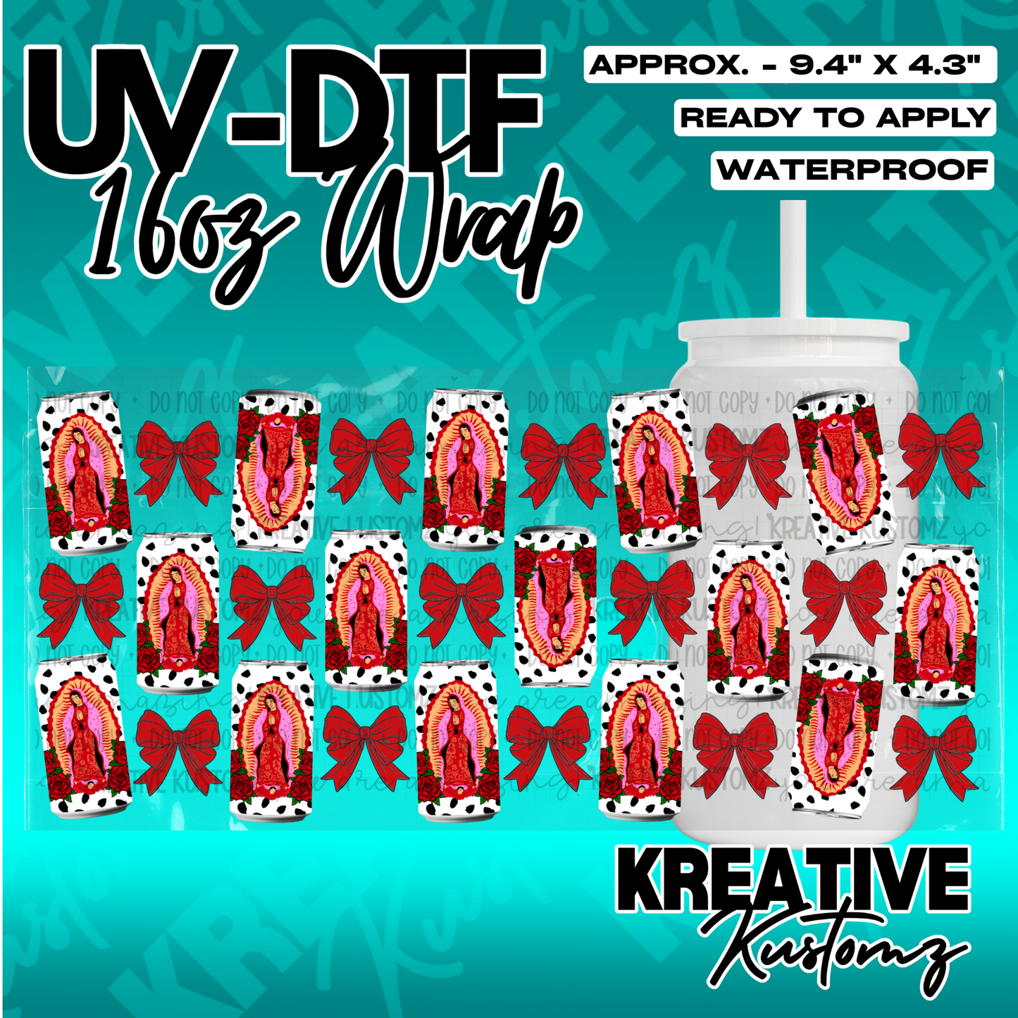 A sheet of UV DTF adhesive wraps featuring Our Lady of Guadalupe, red bows, and cow print.