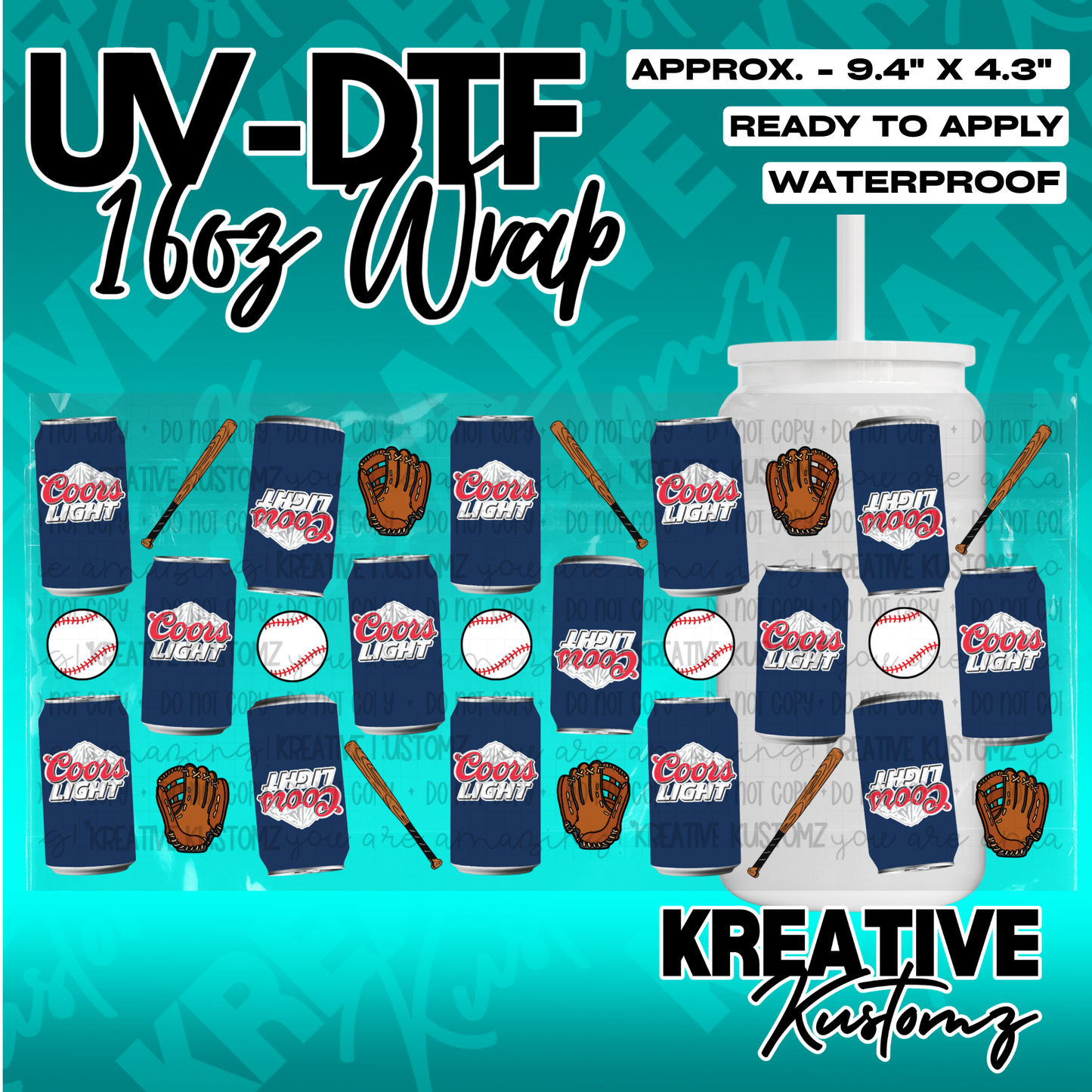 A baseball-themed UV DTF wrap for a 16oz glass can featuring Coors Light logos and sports icons.