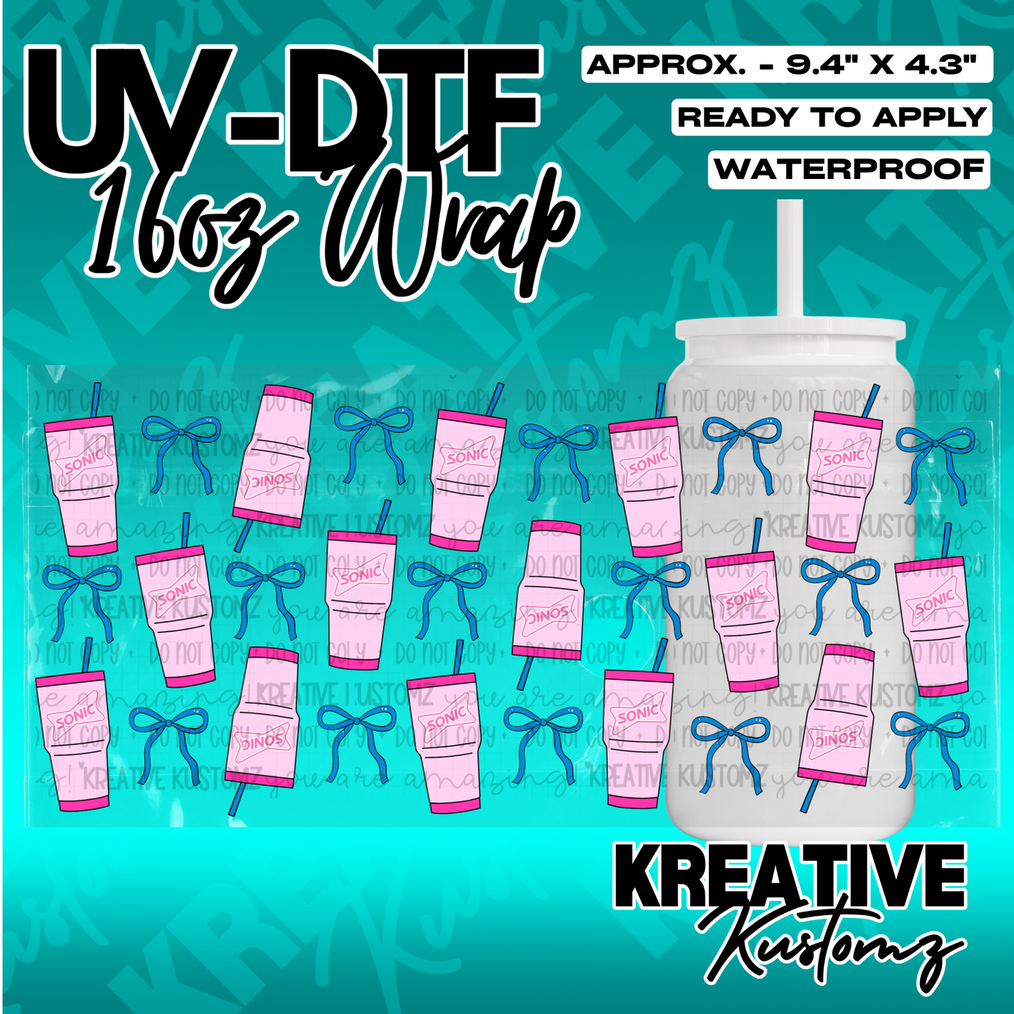 A UV DTF cup wrap featuring a pattern of pink Sonic cups and blue bows for 16oz glass cans.