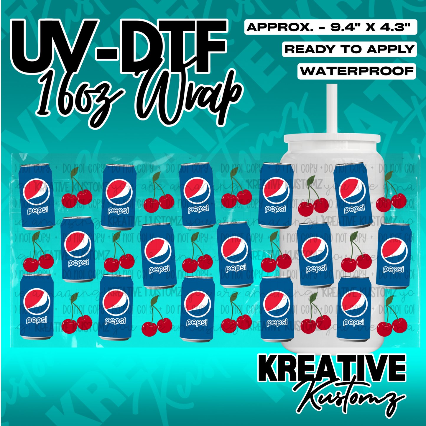 A UV DTF cup wrap featuring a repeating pattern of Pepsi cans and cherries for 16oz glass cans.