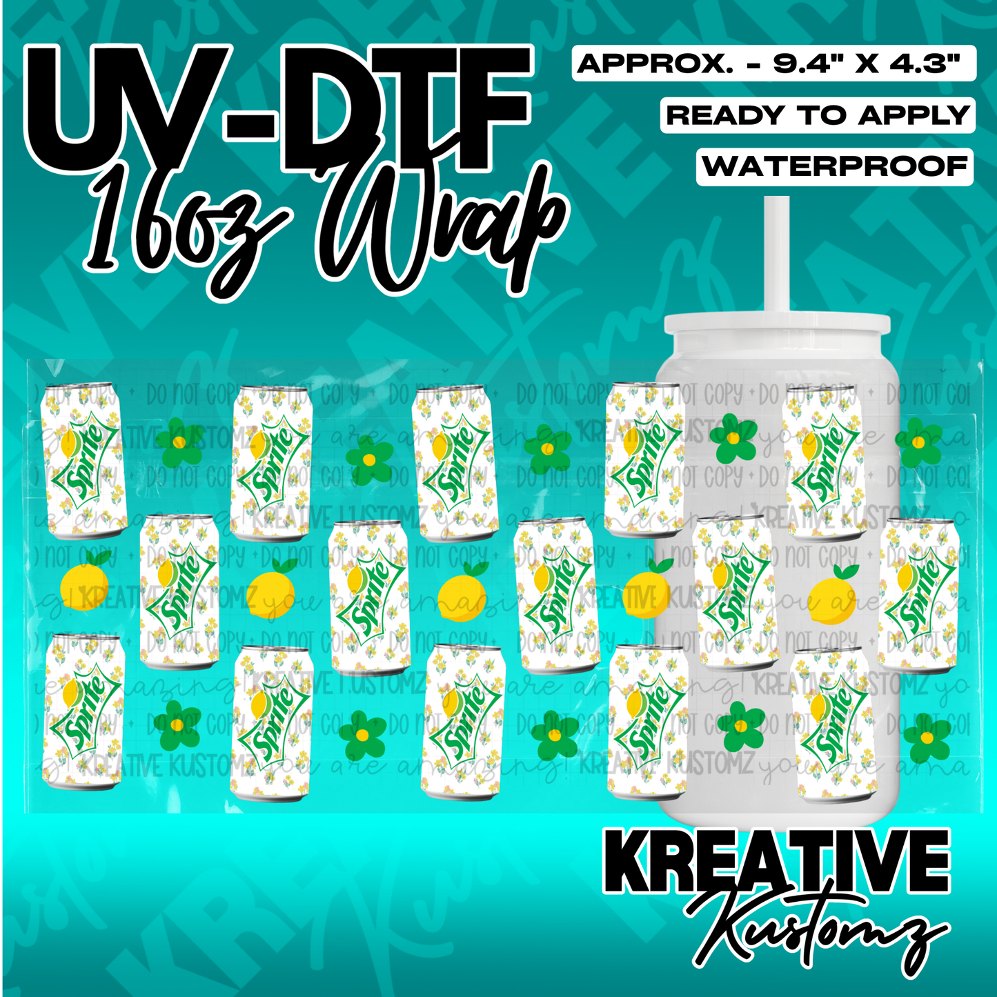 A UV DTF adhesive cup wrap featuring a repeating pattern of Sprite cans and yellow flowers.