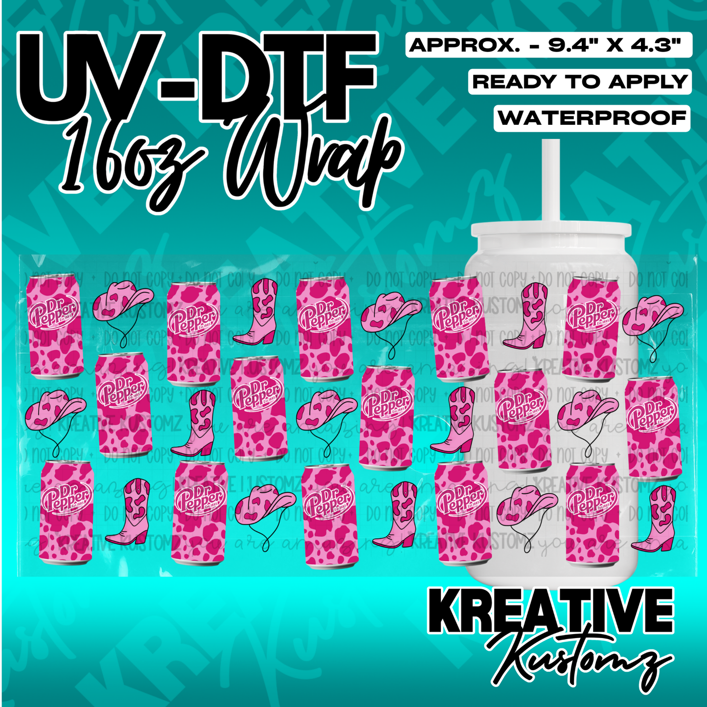 A UV DTF adhesive wrap for 16oz glass cans featuring a pink Dr. Pepper and cow print pattern.