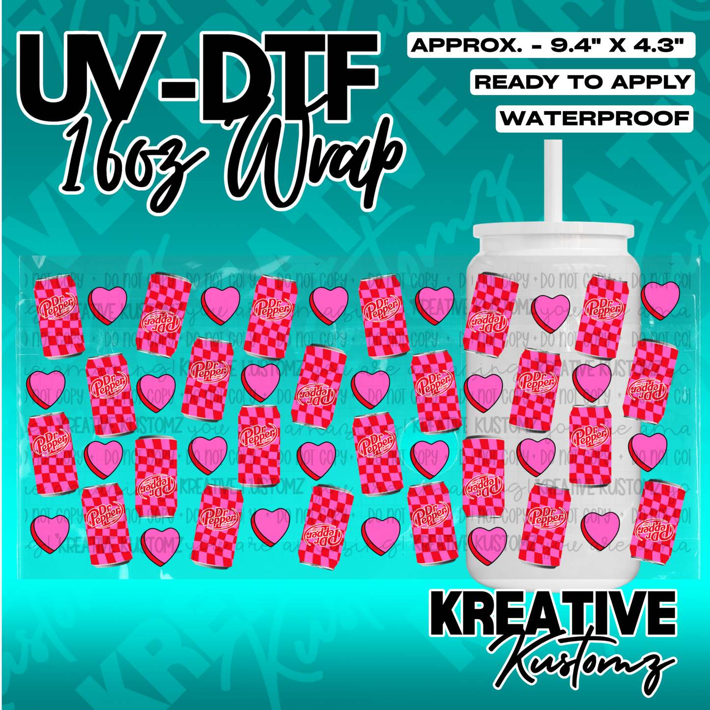 A UV DTF adhesive wrap featuring a pattern of pink hearts and checkered Dr. Pepper soda cans.