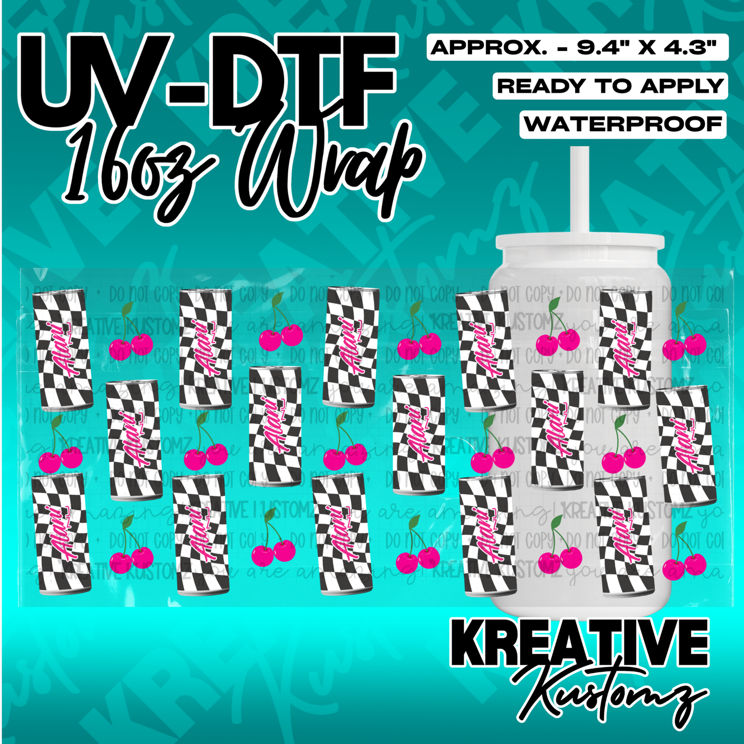 A UV DTF adhesive wrap featuring a black and white checkered pattern with pink cherry accents.