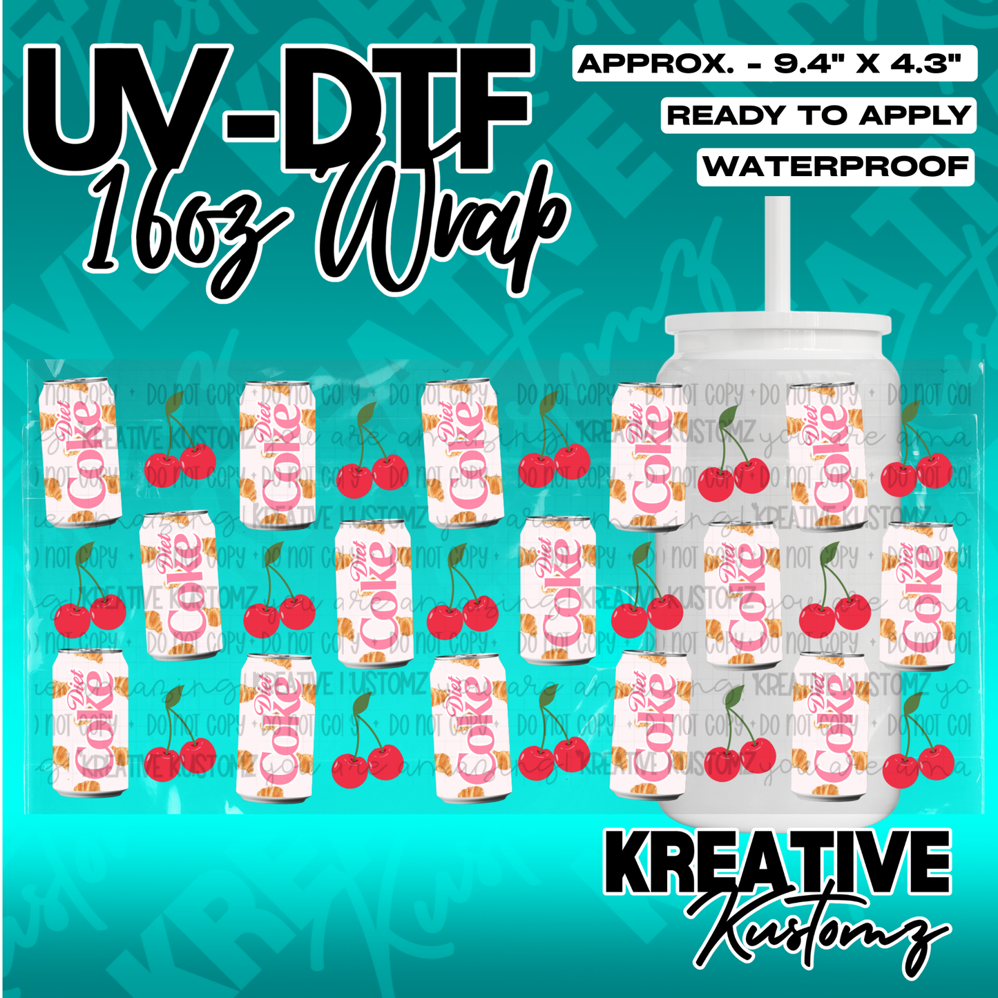 A UV DTF adhesive wrap for 16oz glass cans featuring a repeating Diet Coke and cherry pattern.