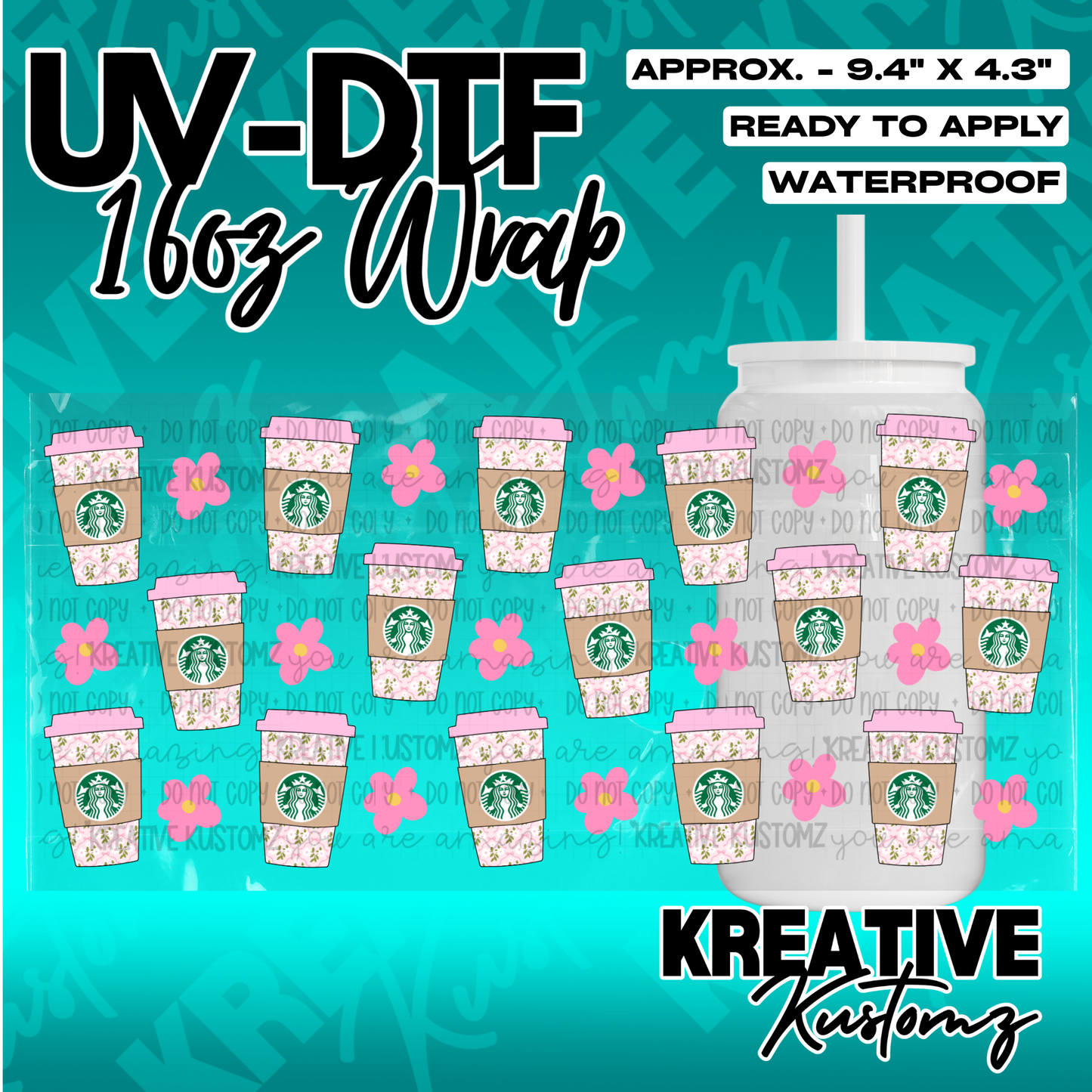 A UV DTF adhesive cup wrap featuring a repeating pattern of coffee cups and pink flowers.