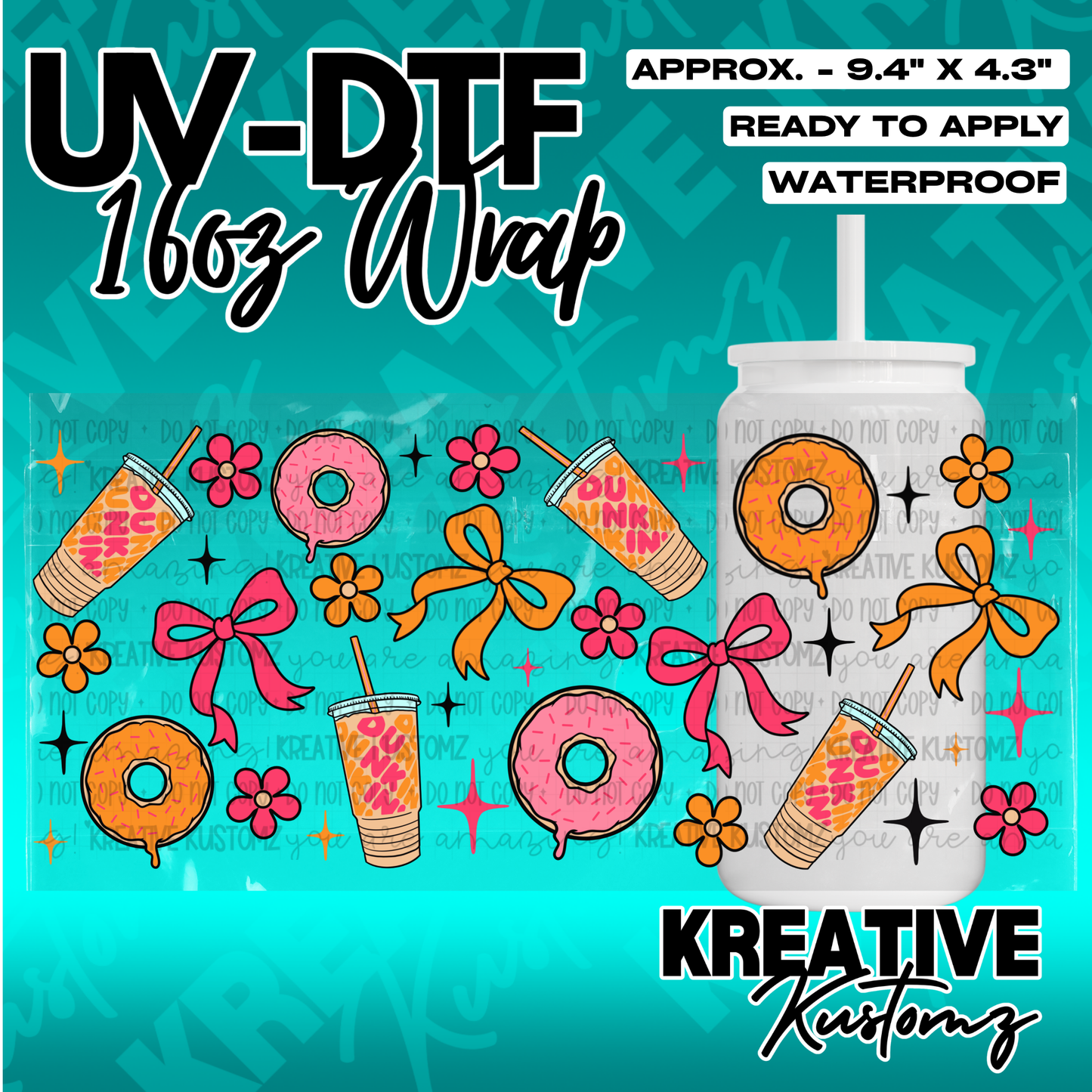 A UV DTF adhesive wrap for 16oz glass cans featuring a pattern of donuts, bows, and flowers.