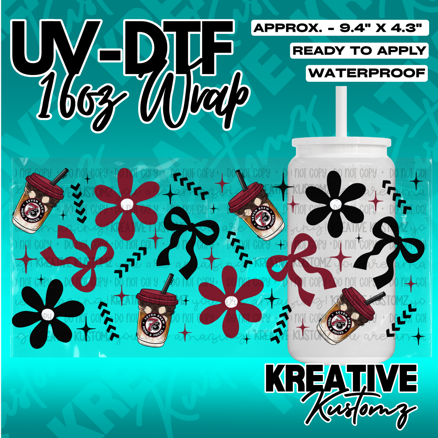 A floral UV DTF wrap for a 16oz glass cup featuring bows, stars, and coffee cup graphics.