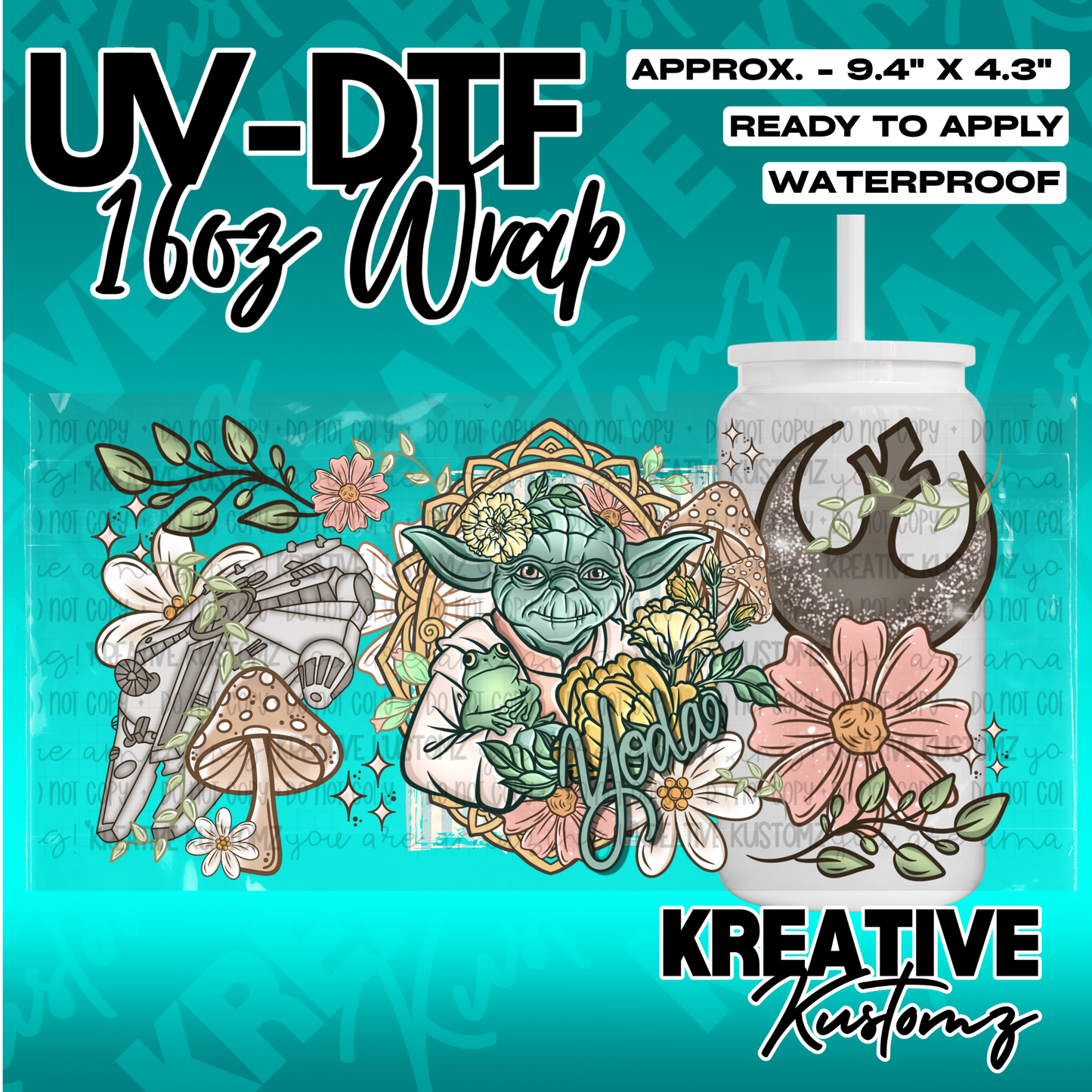 A floral Star Wars themed UV DTF wrap for a 16oz glass cup featuring Yoda and the Millennium Falcon.