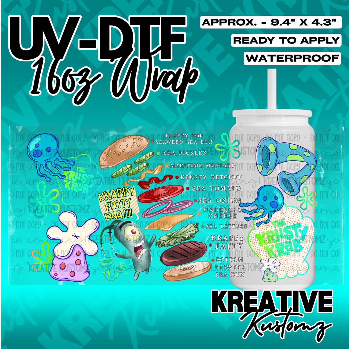 A SpongeBob themed UV DTF cup wrap featuring a Krabby Patty diagram and characters.