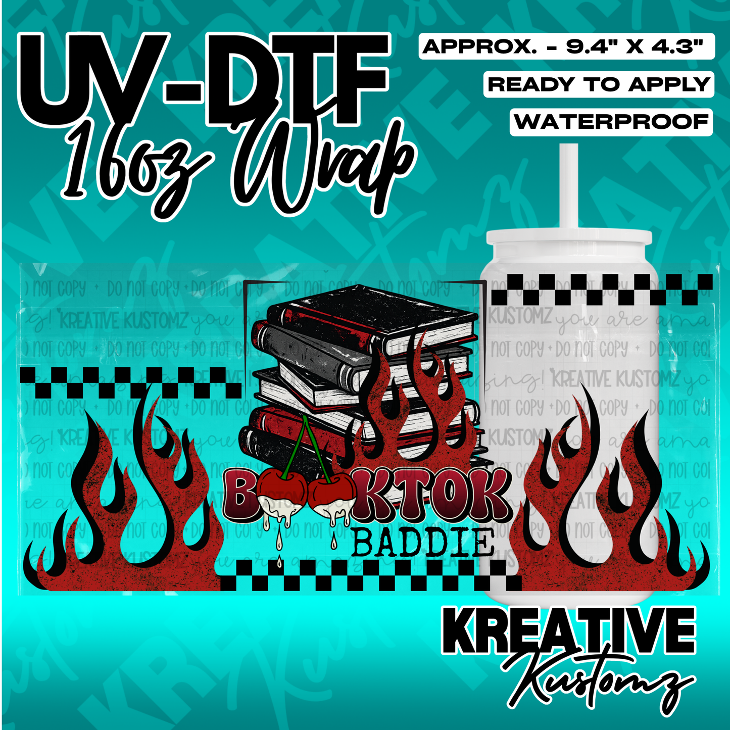 A UV DTF cup wrap featuring a stack of books, flames, cherries, and the text Booktok Baddie.