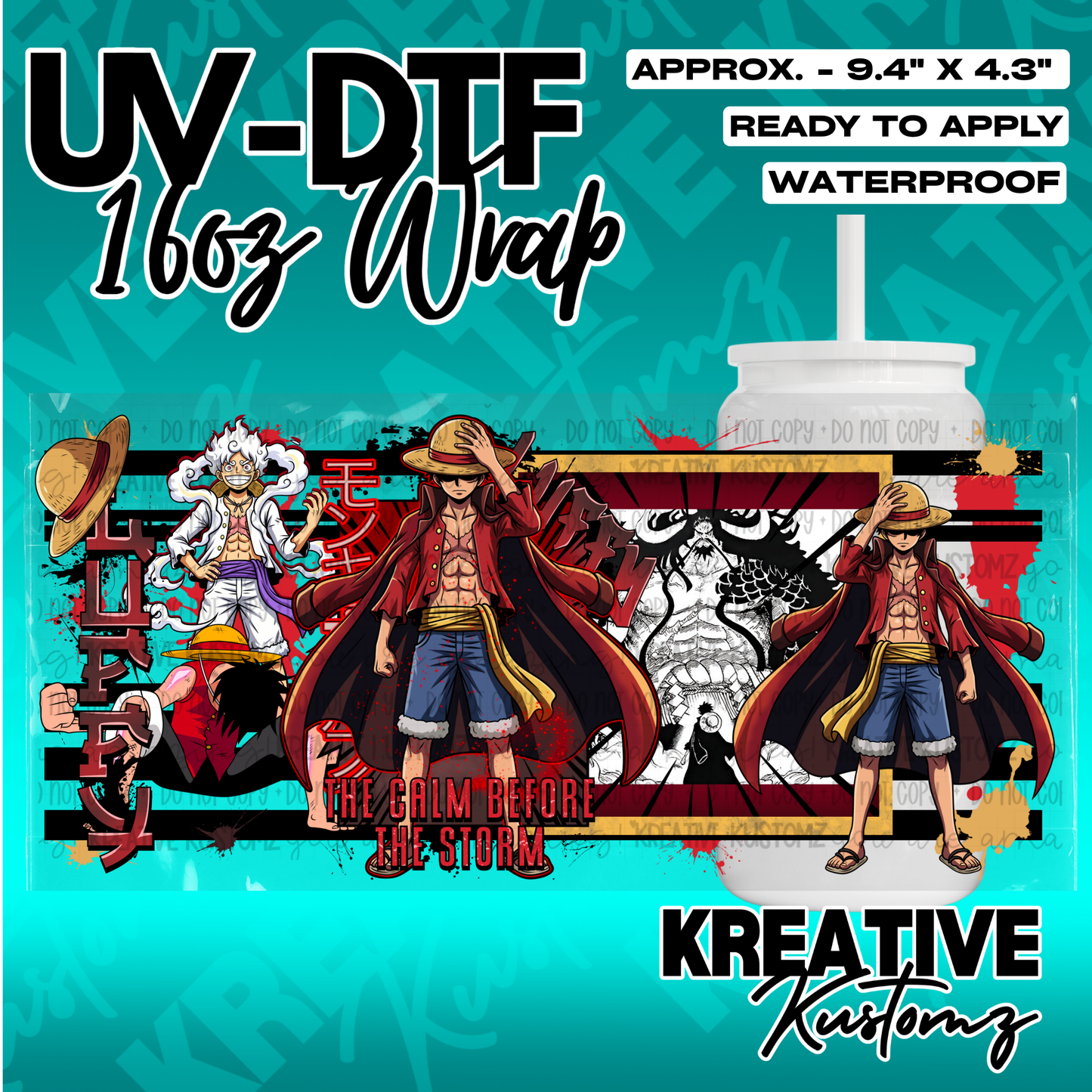 A UV DTF adhesive wrap for a 16oz glass cup featuring One Piece anime character designs.