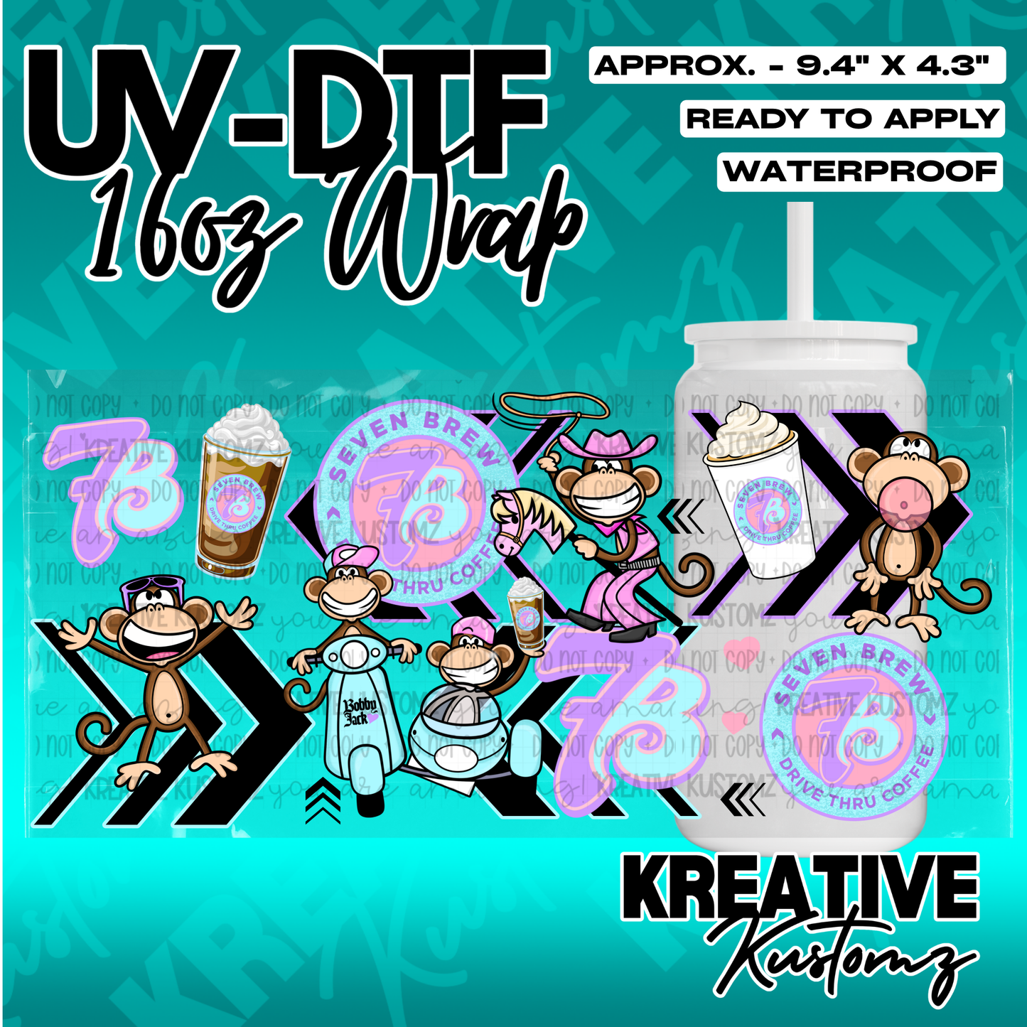 A UV DTF adhesive wrap for a 16oz glass cup featuring cartoon monkeys and coffee branding.