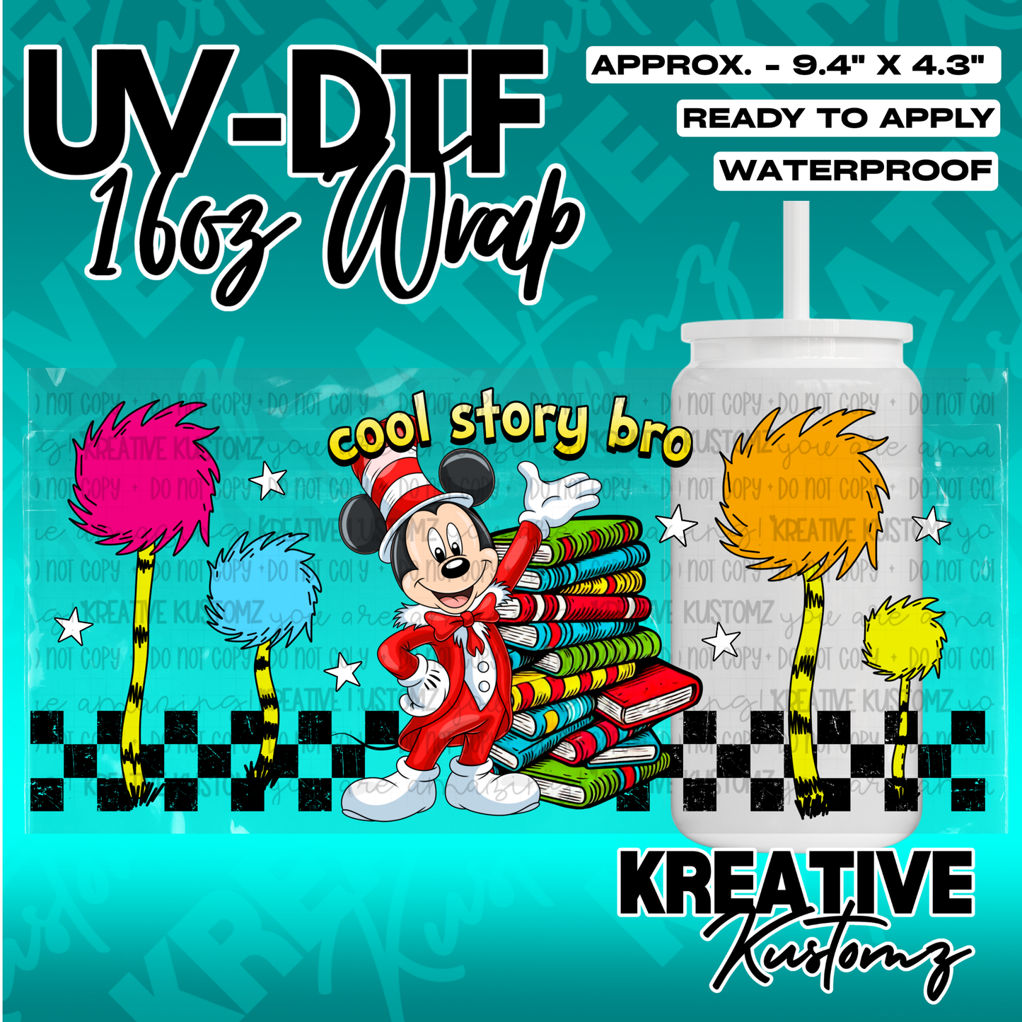 A UV DTF cup wrap featuring Mickey Mouse in a red hat with books and colorful truffula trees.