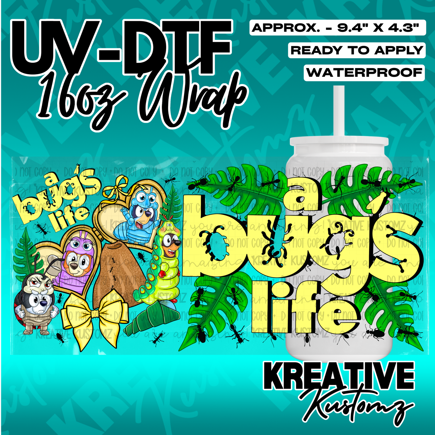 A Bugs Life themed UV DTF cup wrap featuring cartoon characters and leaves for 16oz glass cans.