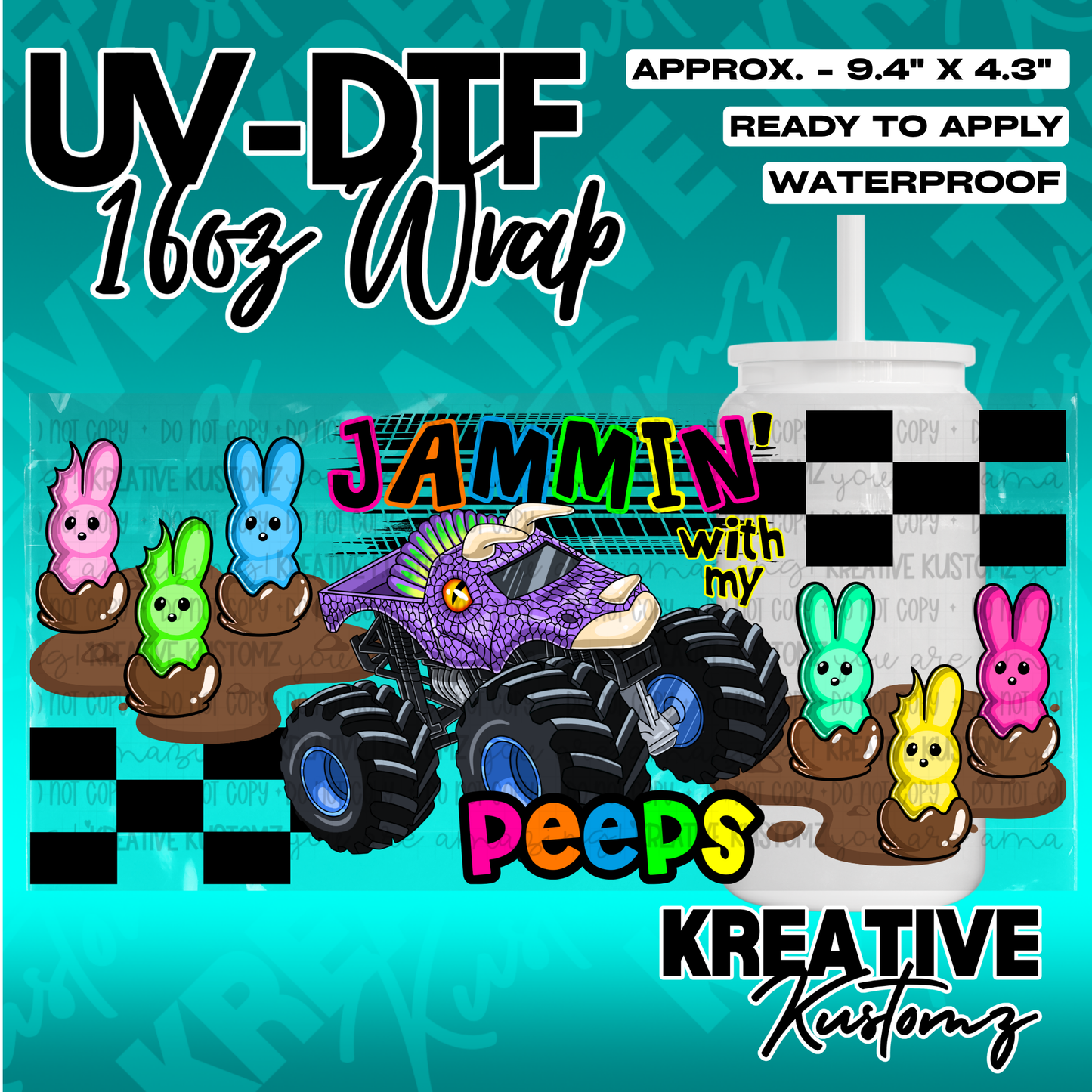 A UV DTF cup wrap featuring a monster truck, colorful marshmallow bunnies, and checkered patterns.
