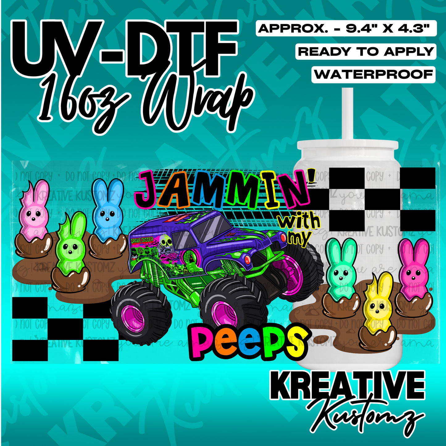 A UV DTF adhesive wrap for 16oz glass cans featuring a monster truck and colorful bunny candies.
