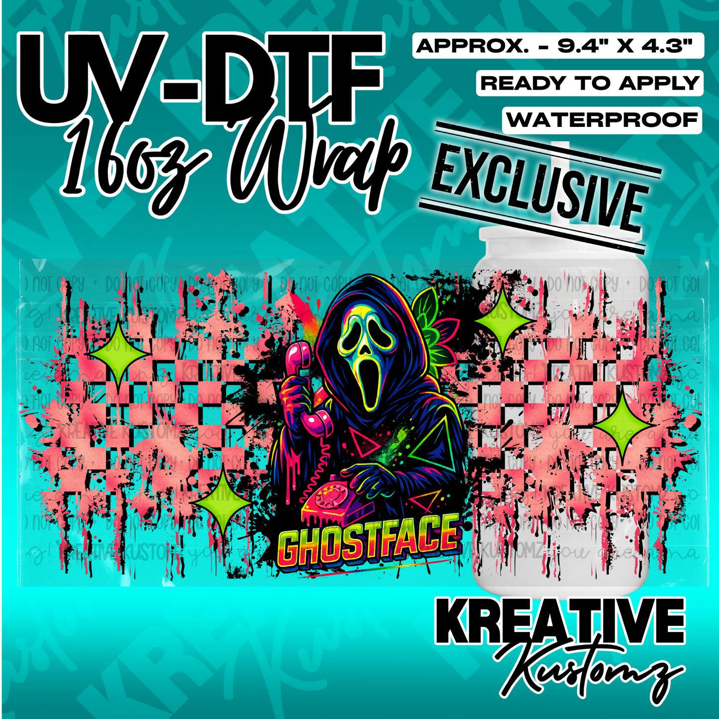 A Ghostface themed UV DTF adhesive wrap for a 16oz glass cup featuring a colorful checkerboard.
