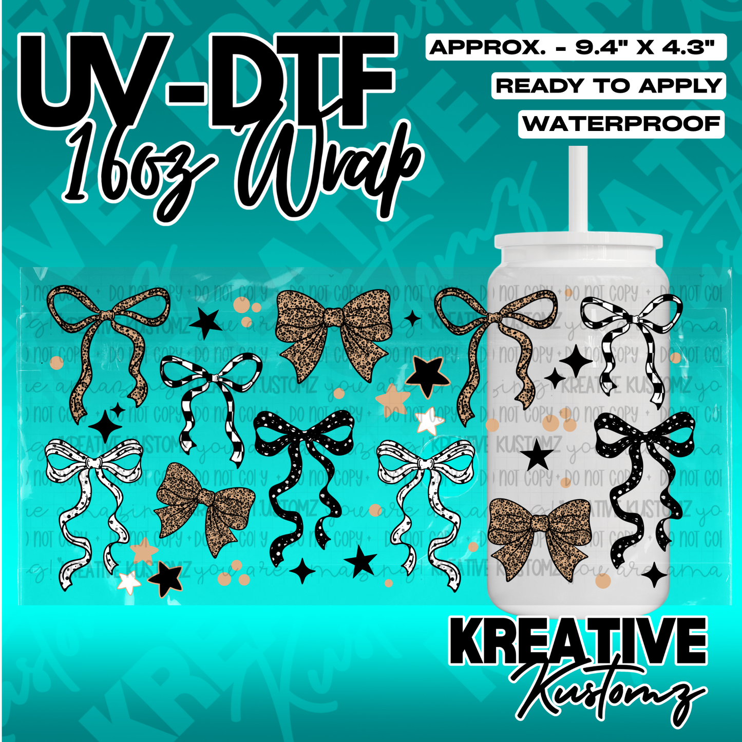 A UV DTF cup wrap featuring various leopard print and black and white patterned bows and stars.