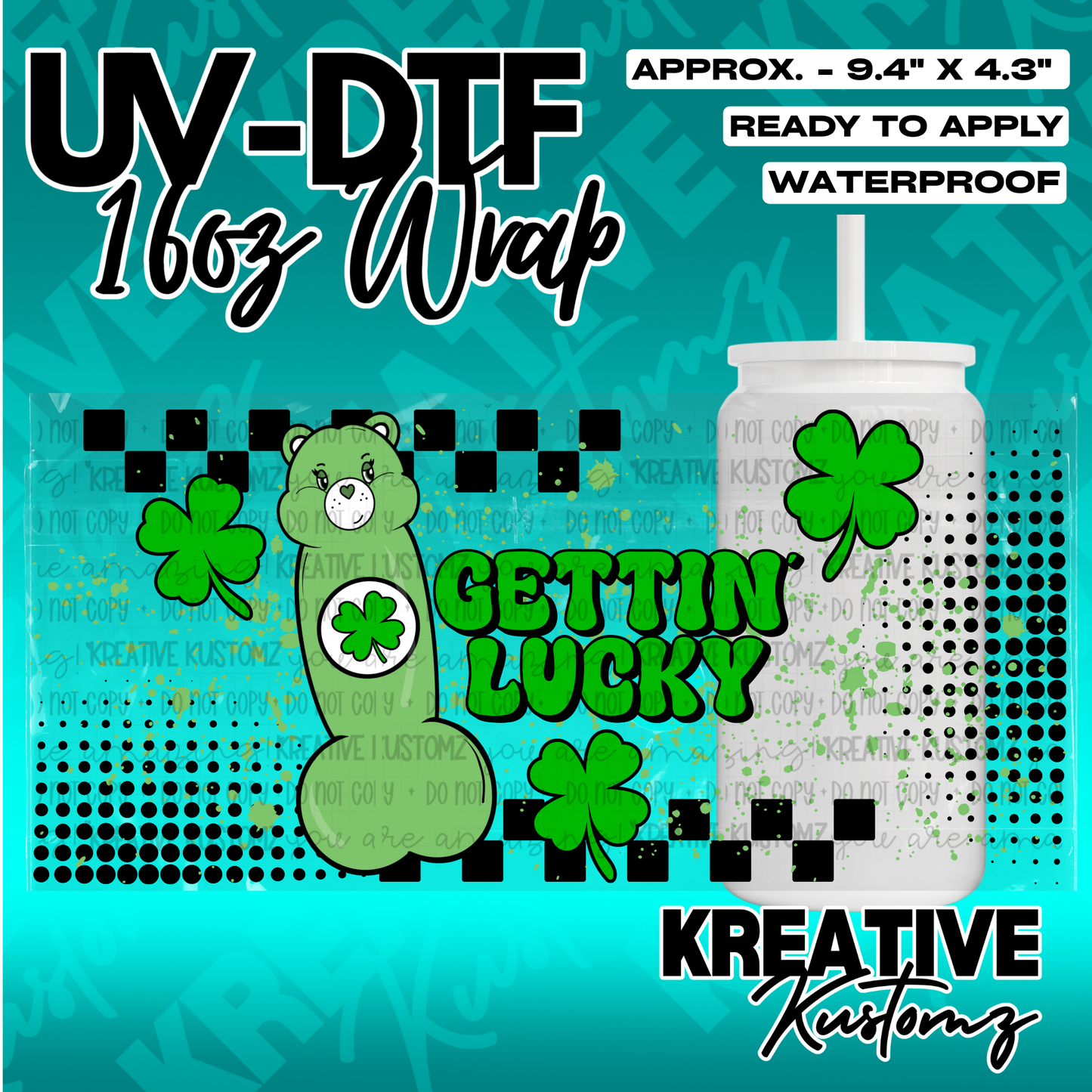 A green St. Patrick's Day themed UV DTF adhesive wrap for a 16oz glass cup.