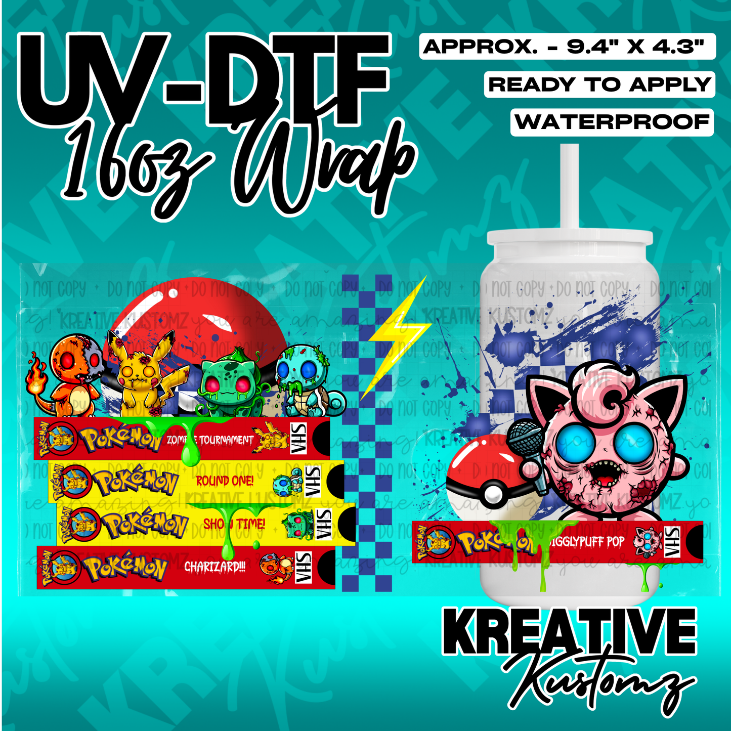 A UV DTF adhesive wrap for 16oz glass cans featuring a zombie-themed Pokemon design.