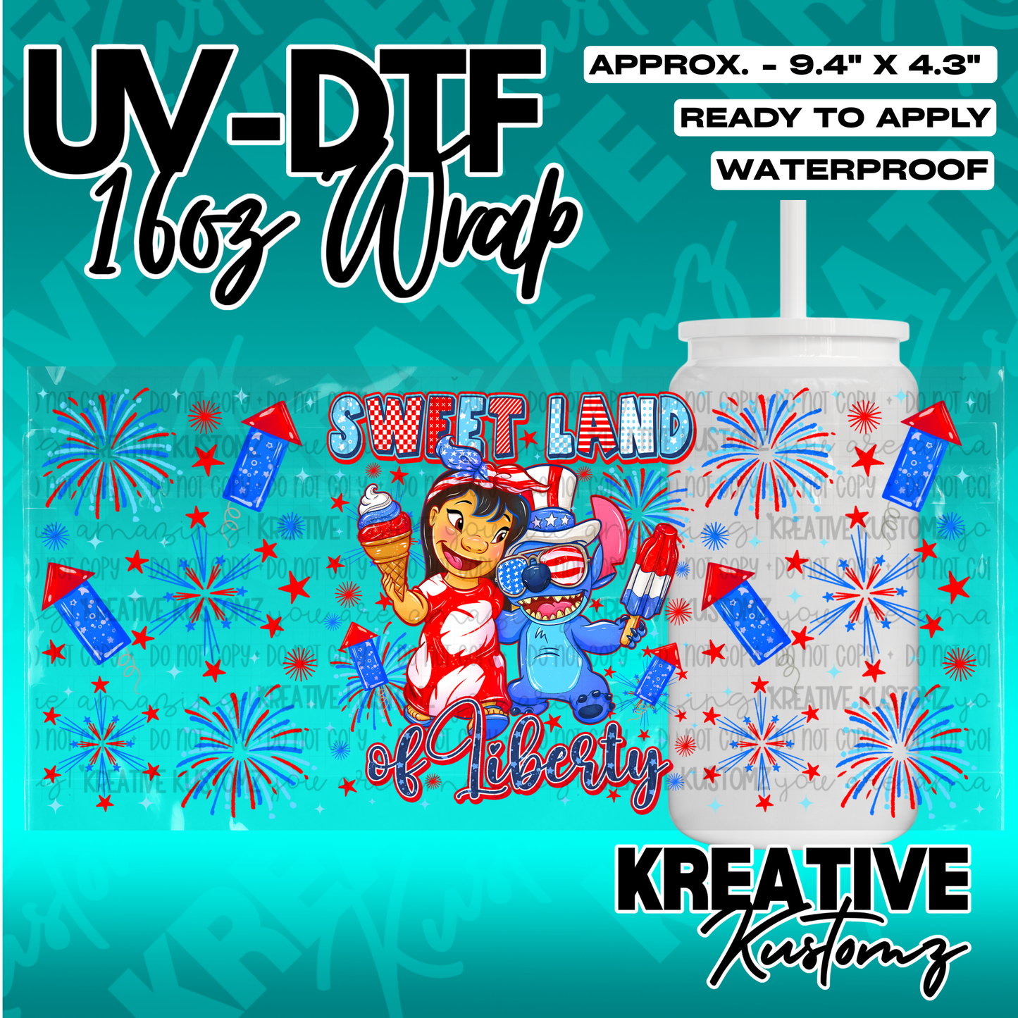 A patriotic Lilo and Stitch themed UV DTF adhesive wrap for a 16oz glass cup.