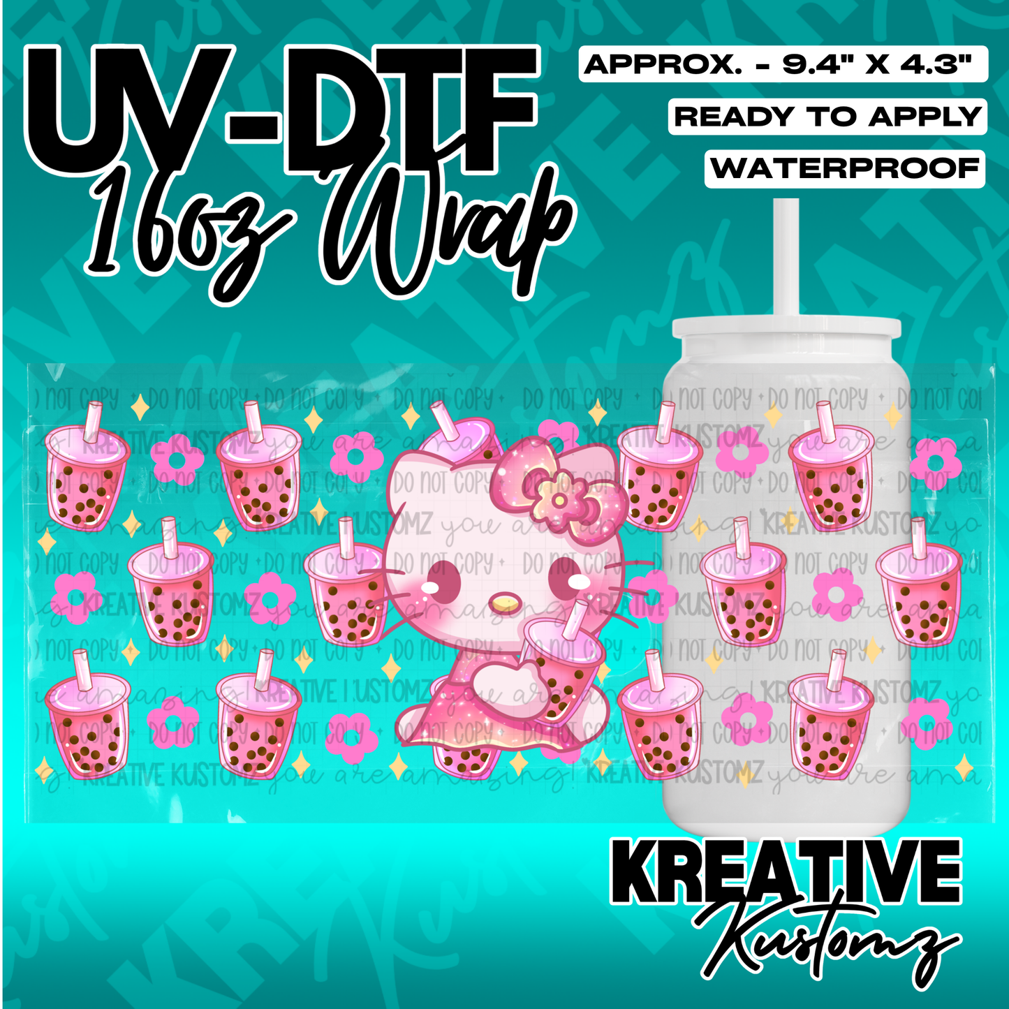 A Hello Kitty themed UV DTF wrap for a 16oz glass can featuring boba tea and floral patterns.