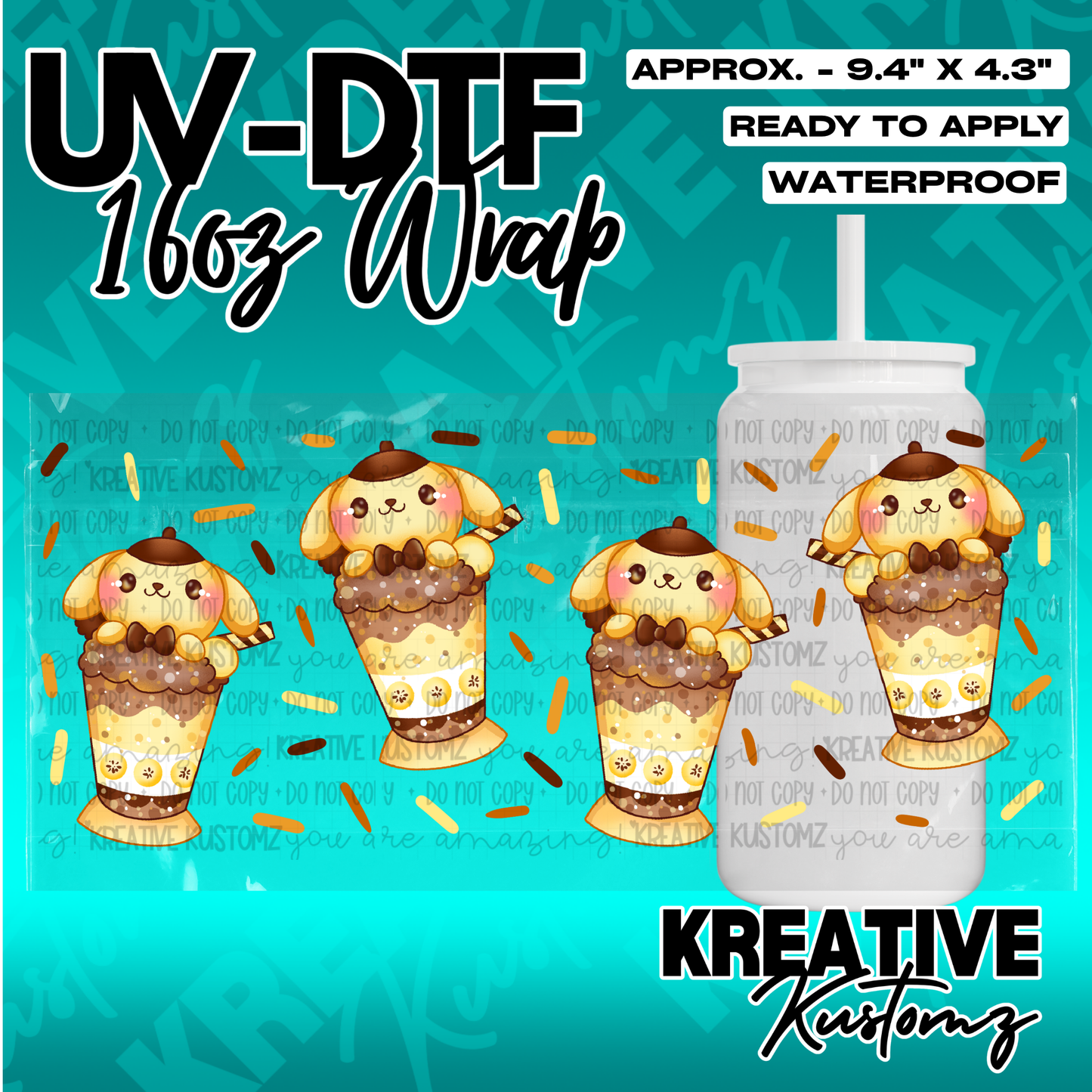 A UV DTF adhesive wrap for 16oz glass cans featuring a repeating pattern of cute cartoon dogs.