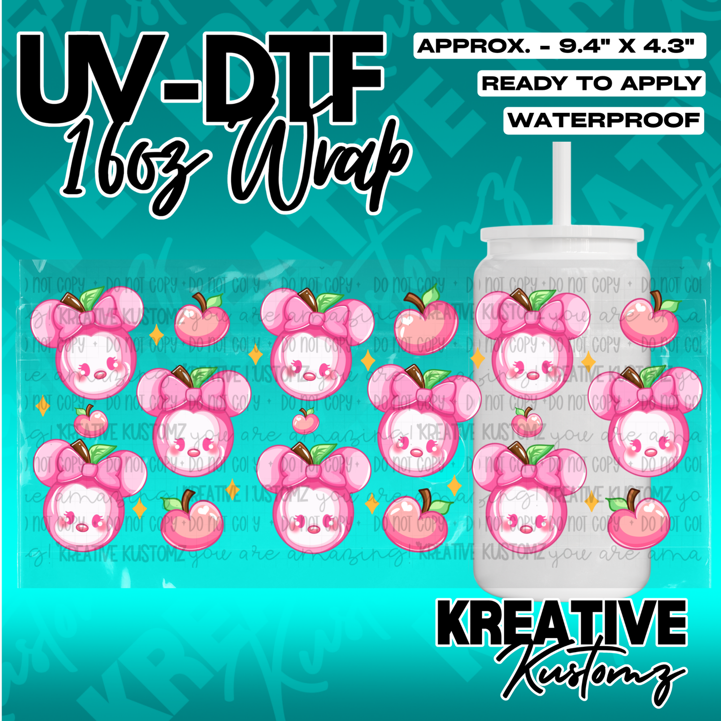 A UV DTF adhesive cup wrap featuring a repeating pattern of pink cartoon peach characters.