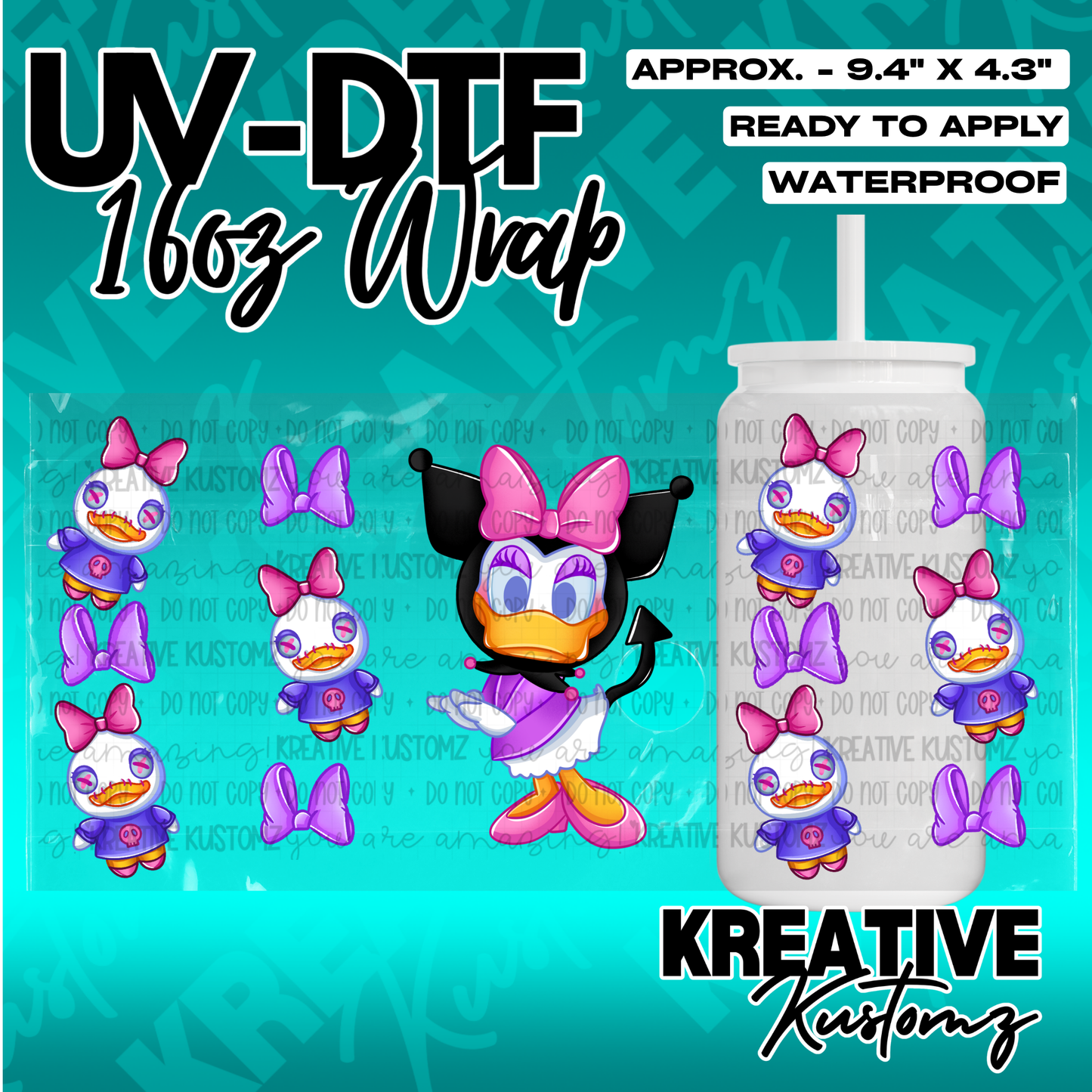 A UV DTF adhesive wrap for a 16oz glass cup featuring a cartoon duck character and purple bows.