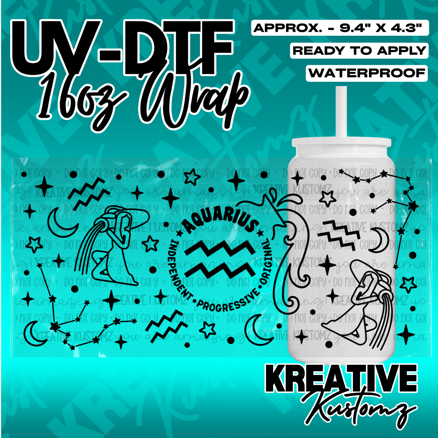An Aquarius themed UV DTF adhesive wrap for a 16oz glass cup featuring zodiac symbols and text.