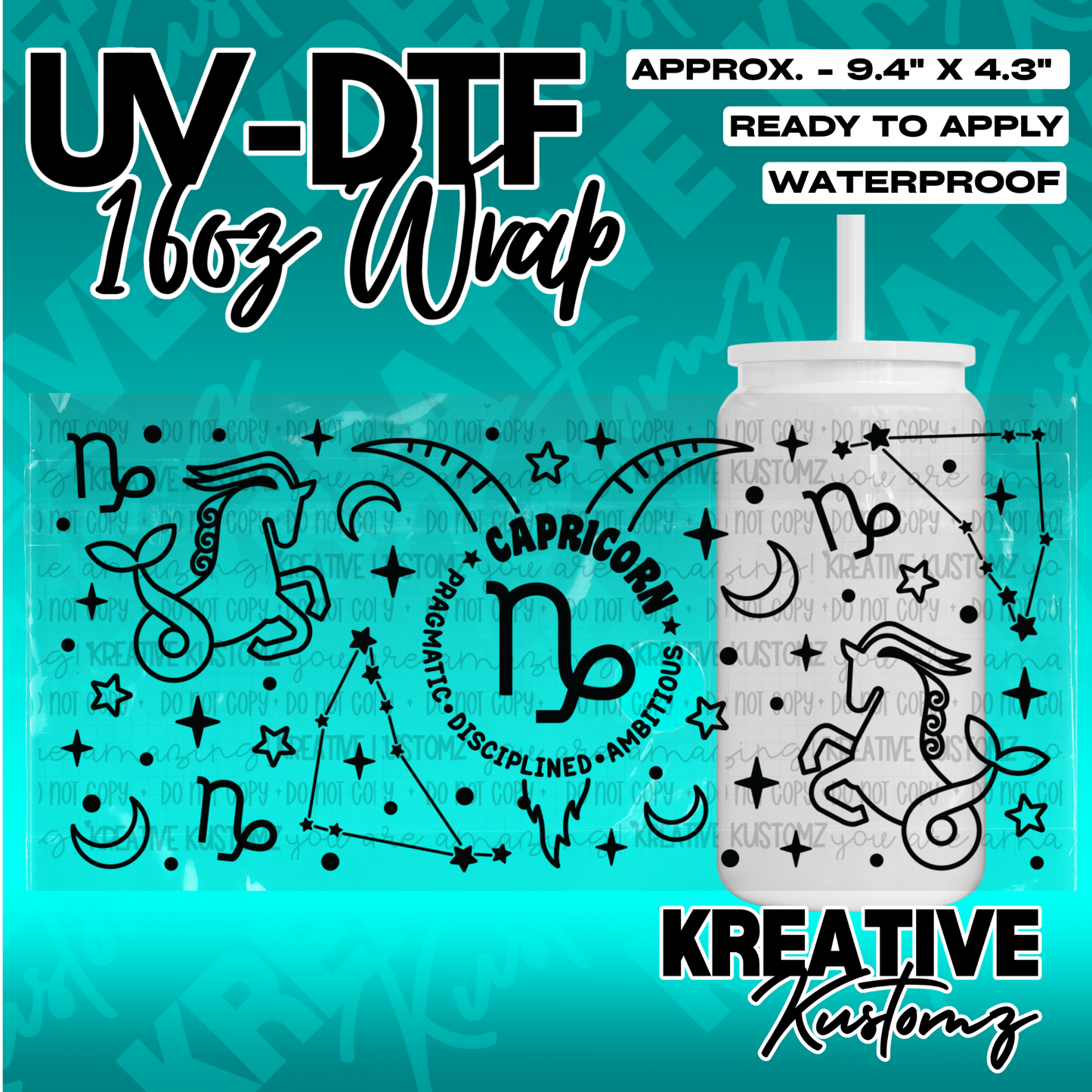 A black Capricorn zodiac themed UV DTF adhesive wrap for a 16oz glass can.