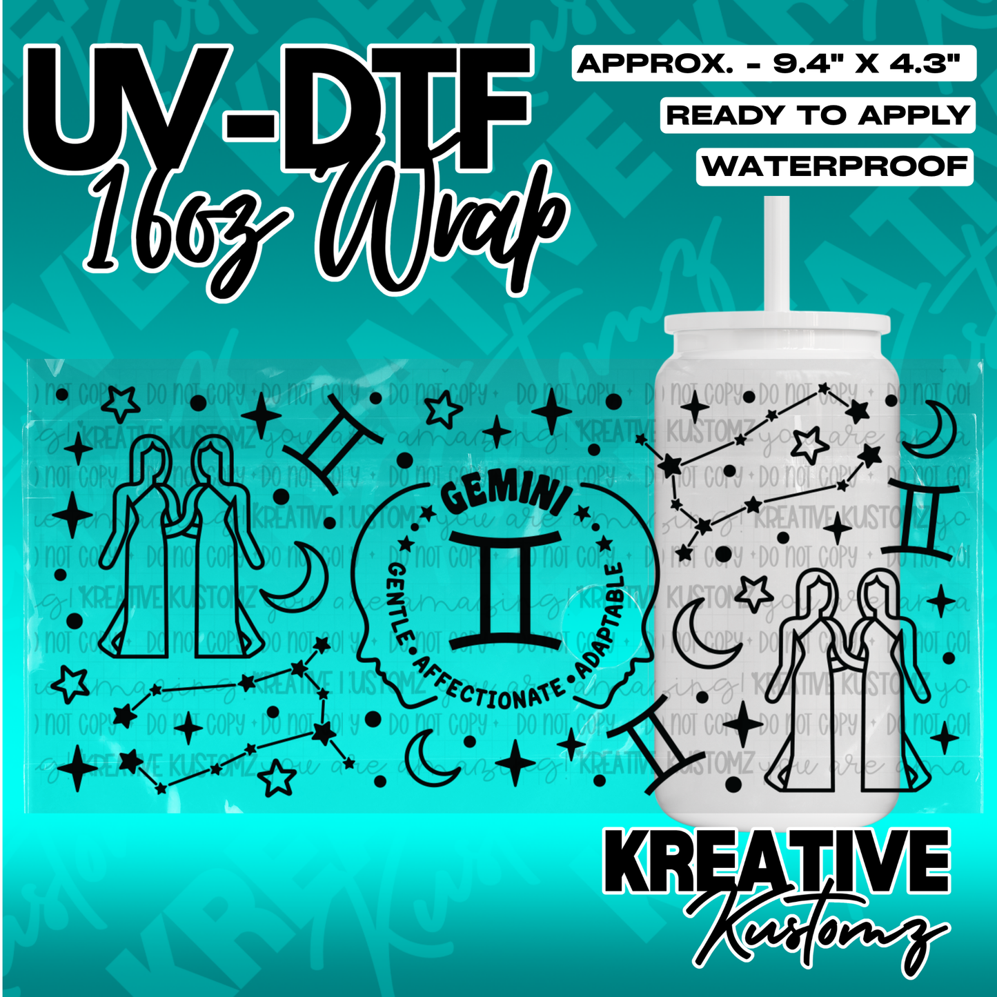 A Gemini themed UV DTF adhesive wrap for a 16oz glass cup featuring stars and zodiac symbols.