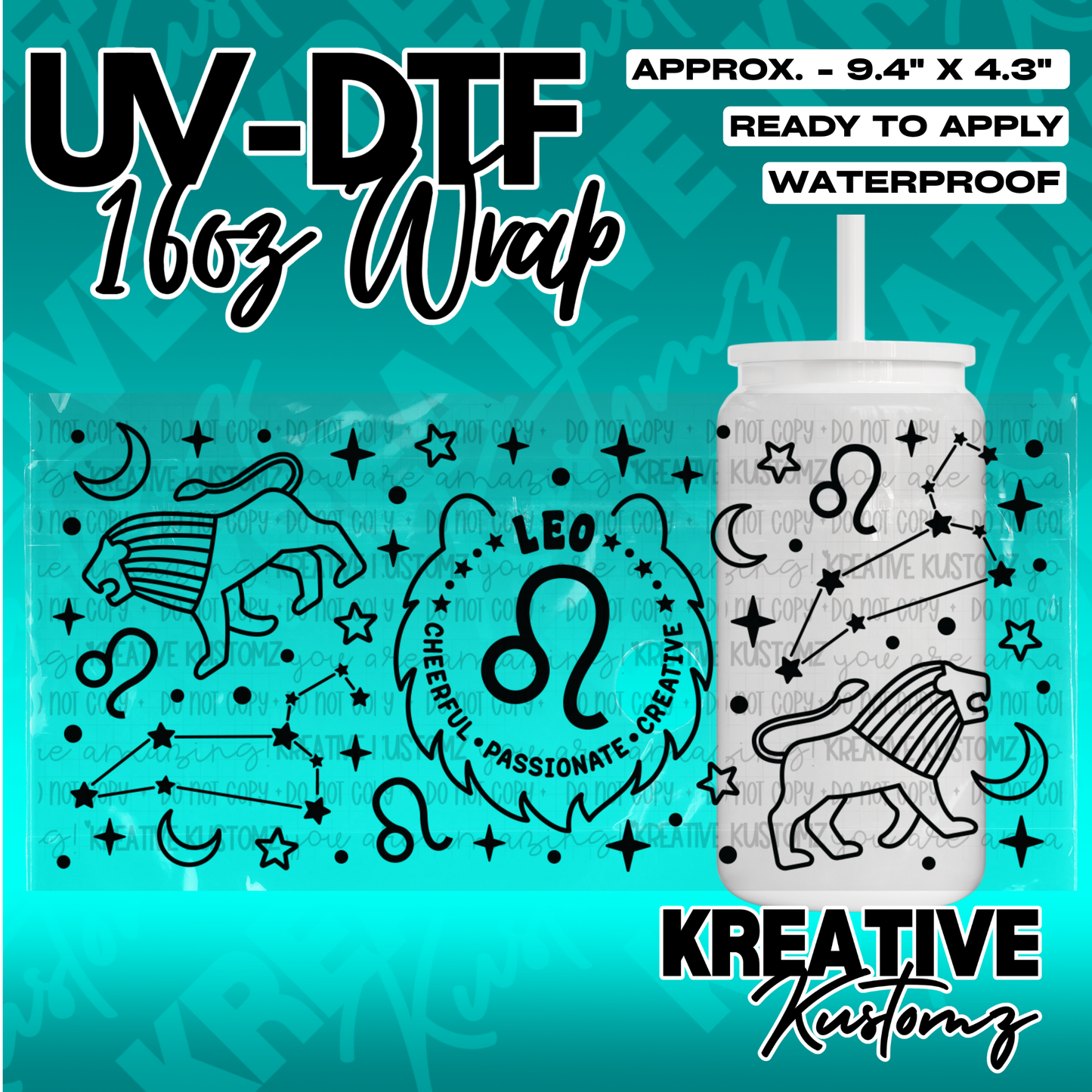 A black Leo zodiac themed UV DTF adhesive wrap for a 16oz glass can.