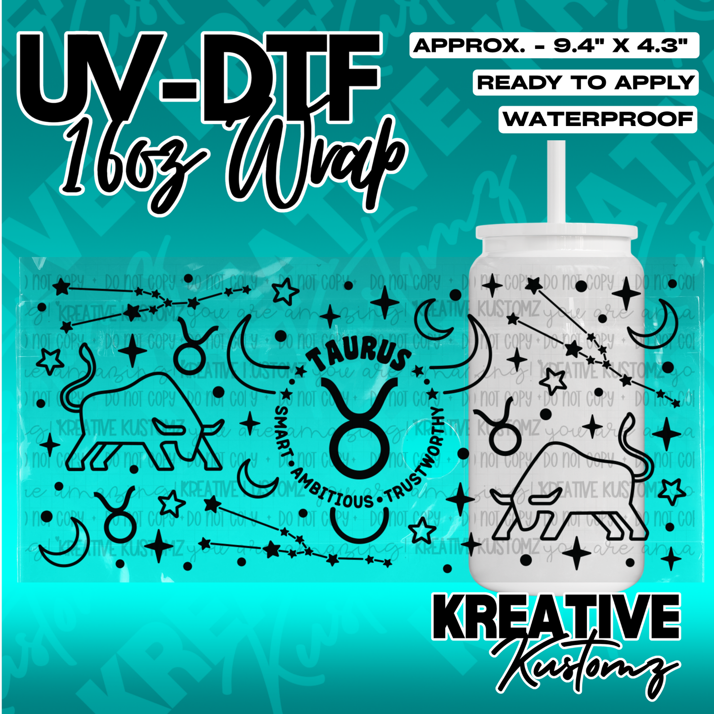 A black Taurus zodiac themed UV DTF wrap for a 16oz glass can.